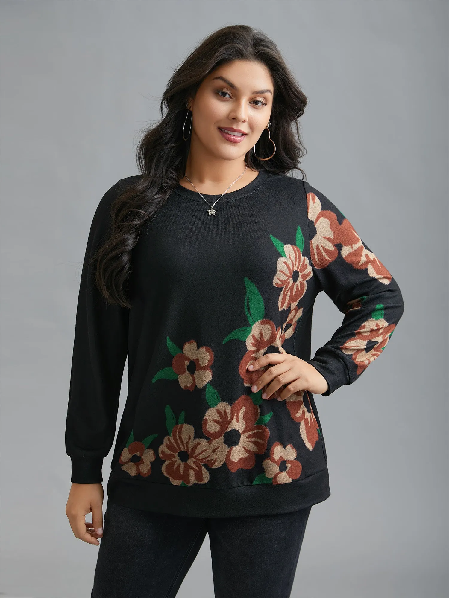 Round Neck Floral Print Fitted Sweatshirt sold by Bloomchic product image thumbnail 2