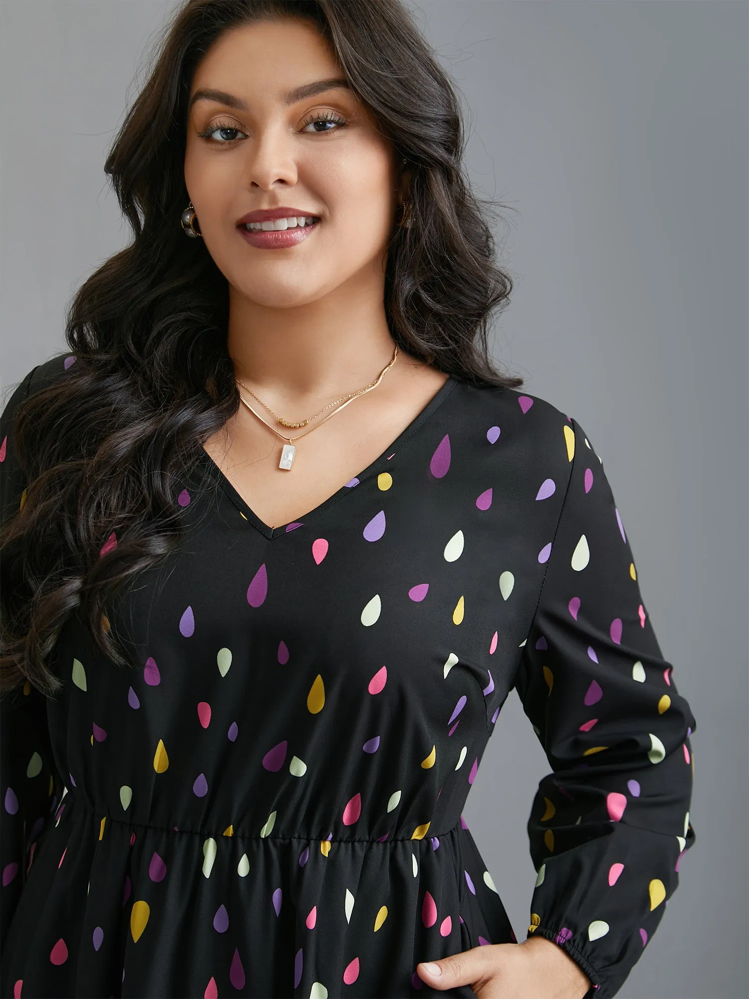 V Neck Color Contrast Lantern Sleeve Dress sold by Bloomchic product image thumbnail 4