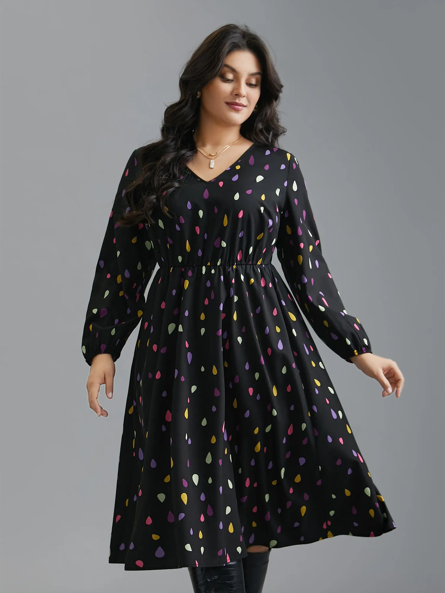 V Neck Color Contrast Lantern Sleeve Dress sold by Bloomchic product image thumbnail 3