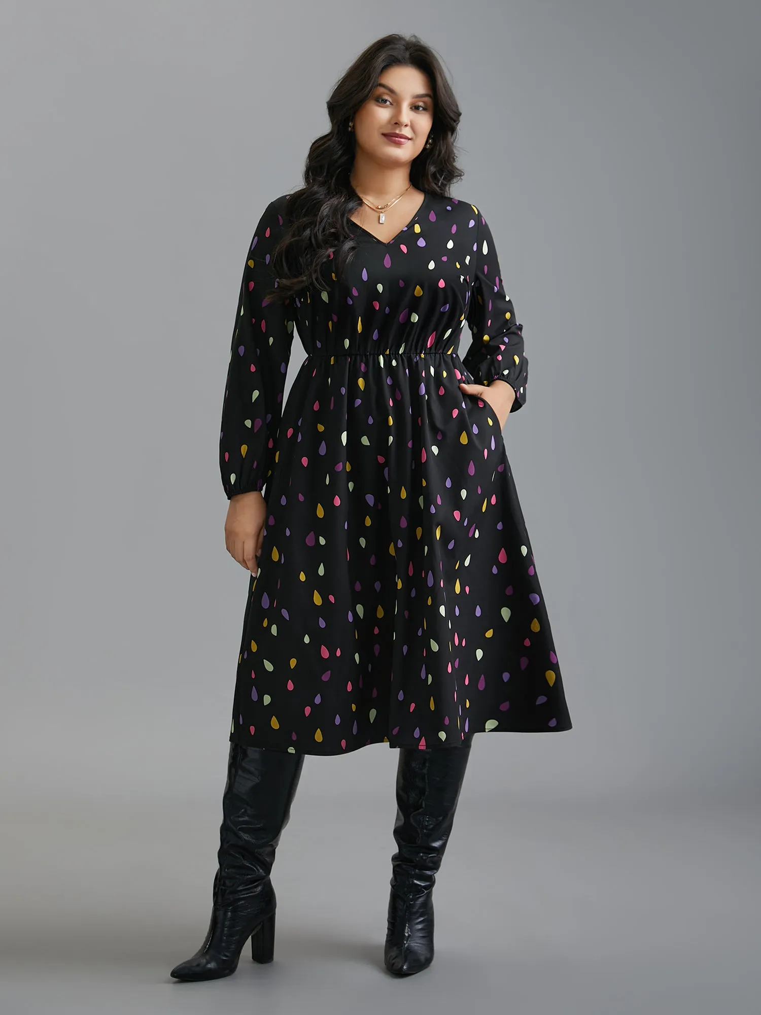 V Neck Color Contrast Lantern Sleeve Dress sold by Bloomchic product image thumbnail 2