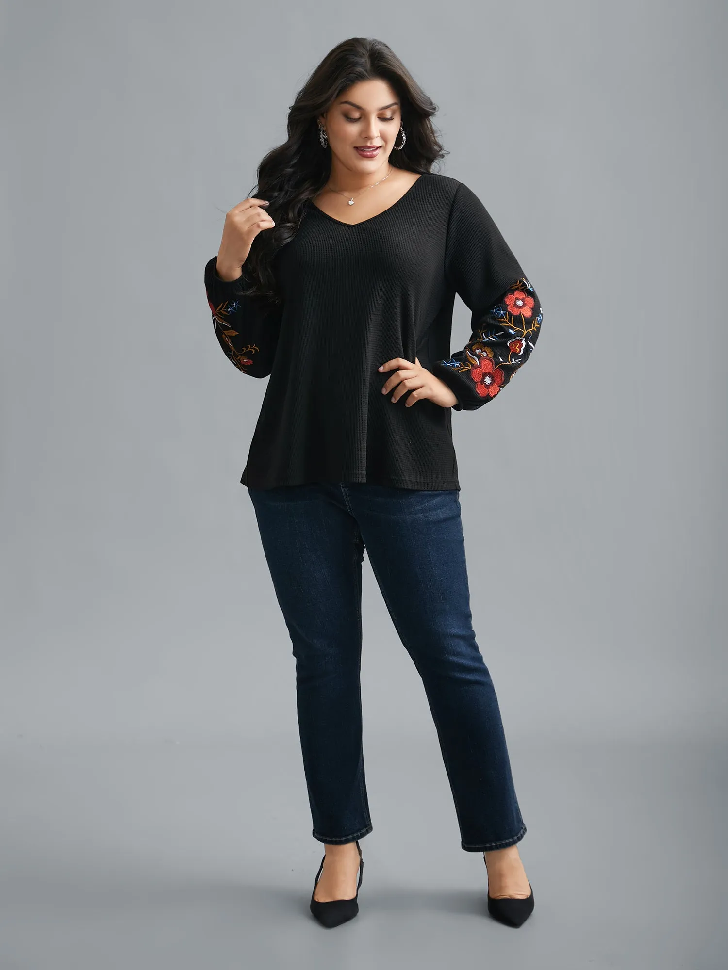 Waffle Knit Floral Embroidered Top sold by Bloomchic product image thumbnail 5