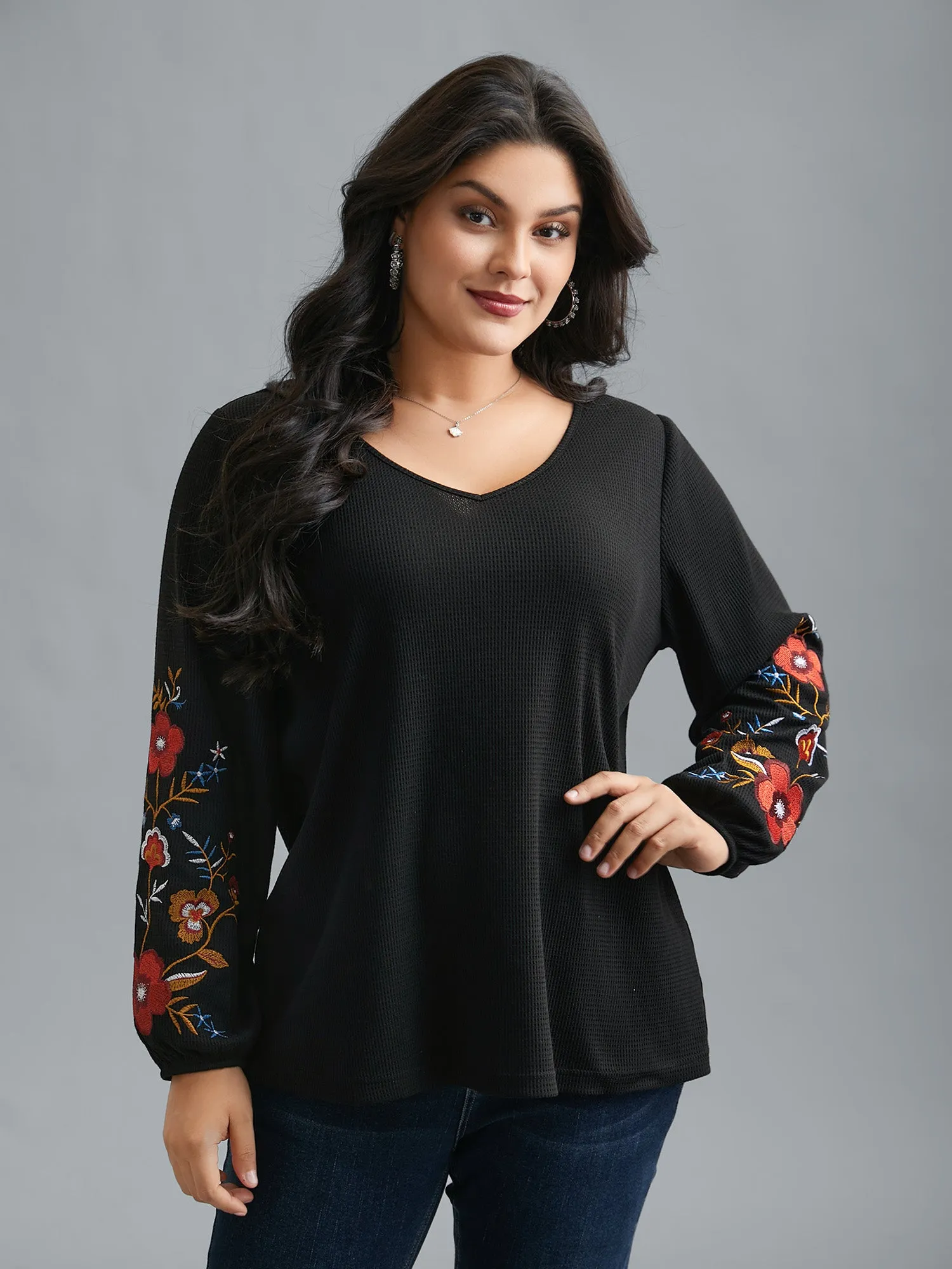 Waffle Knit Floral Embroidered Top sold by Bloomchic product image thumbnail 2