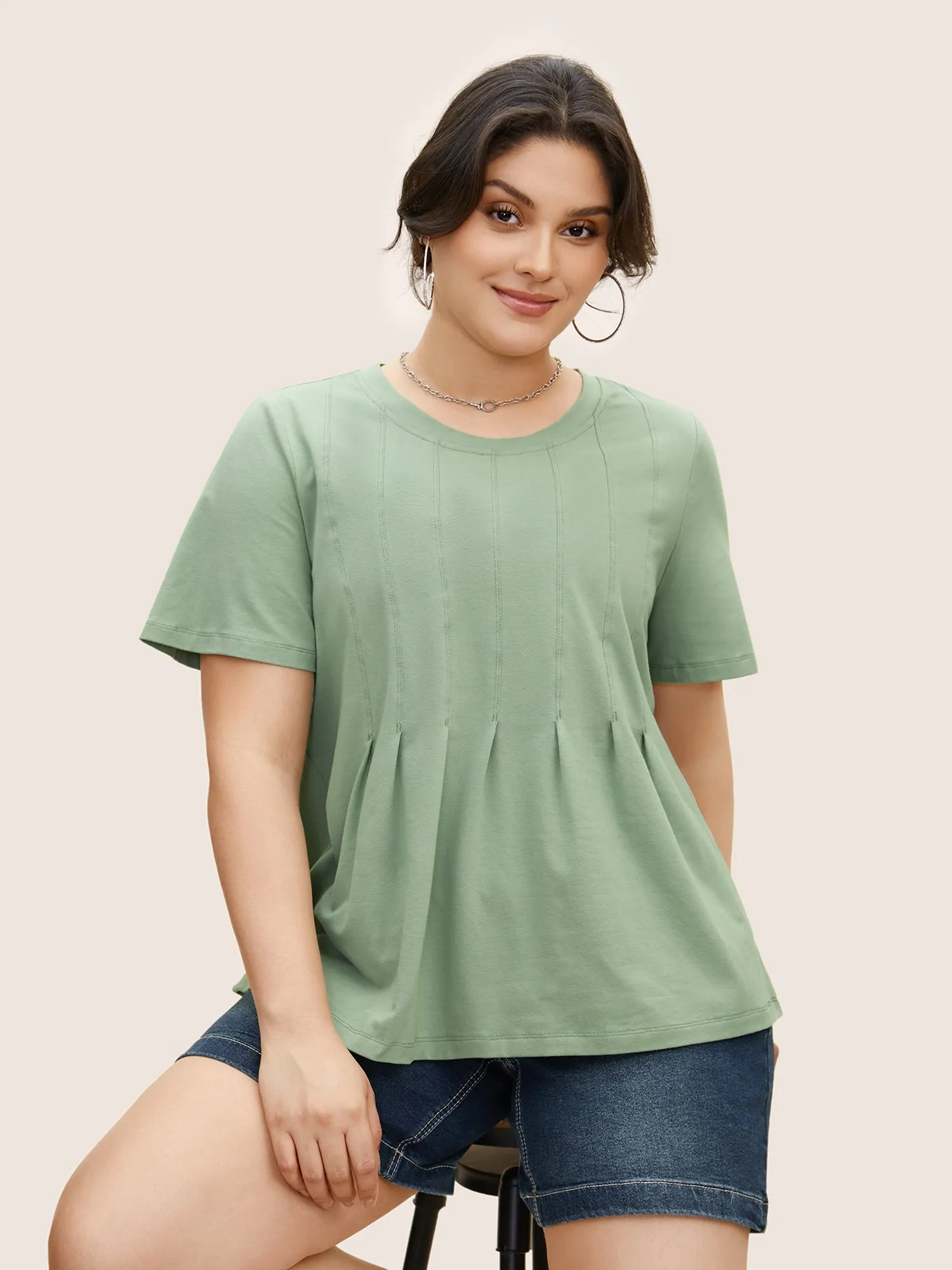 Cotton Crew Neck Tucked Seam Pleated T-shirt sold by Bloomchic