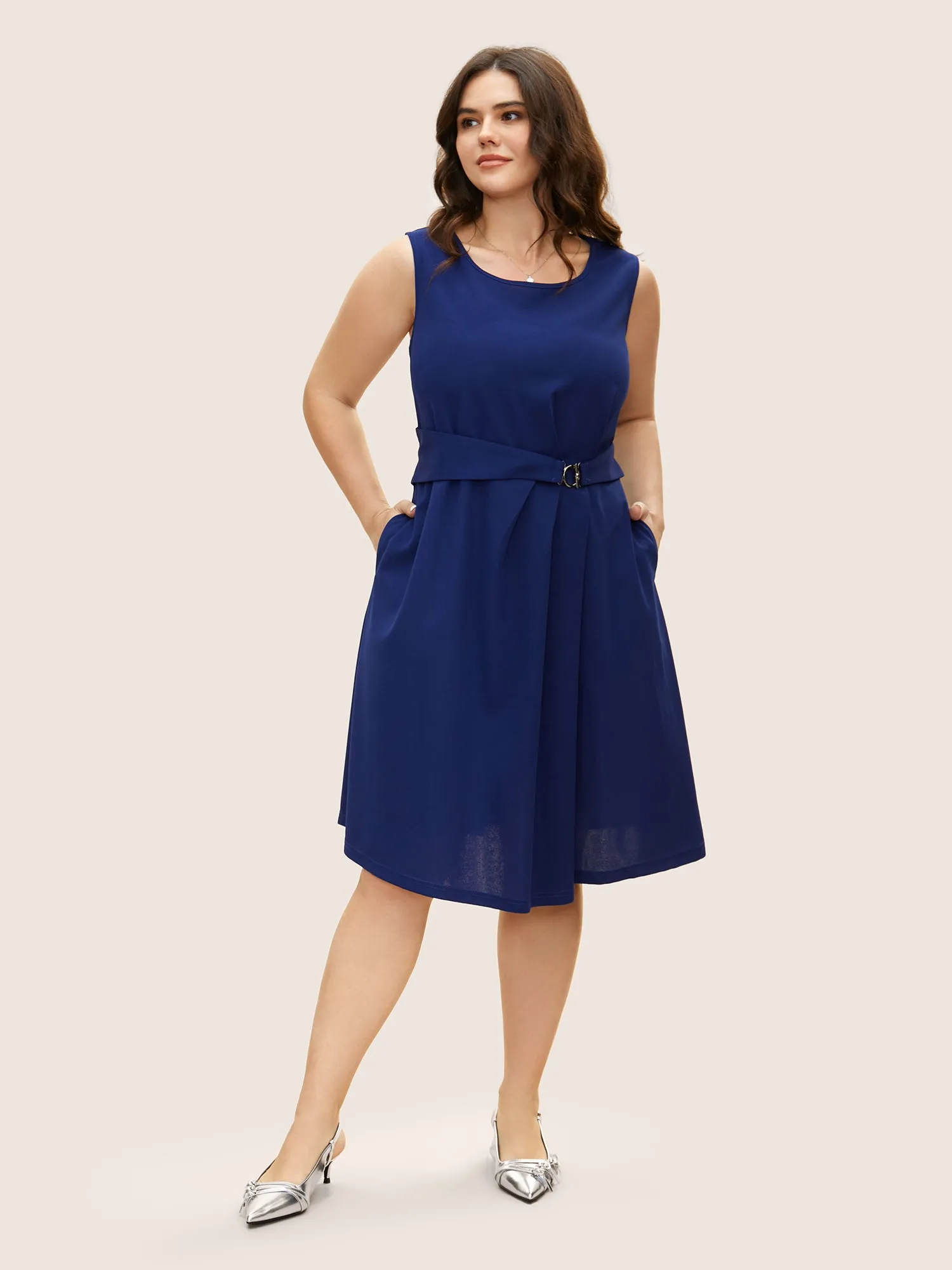 Solid Metal Detail Belted Pleated Tank Dress sold by Bloomchic product image thumbnail 2