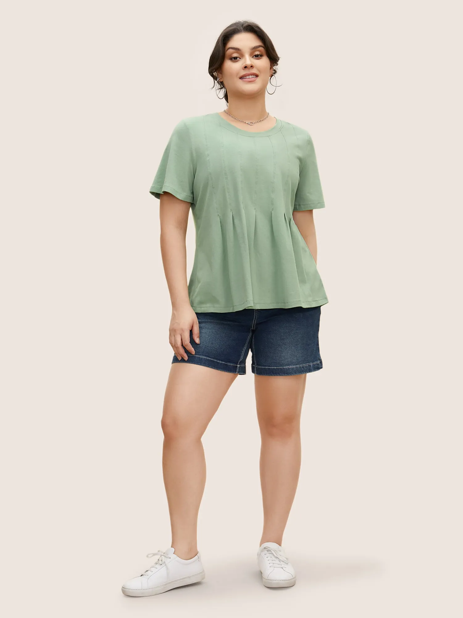 Cotton Crew Neck Tucked Seam Pleated T-shirt sold by Bloomchic product image thumbnail 4