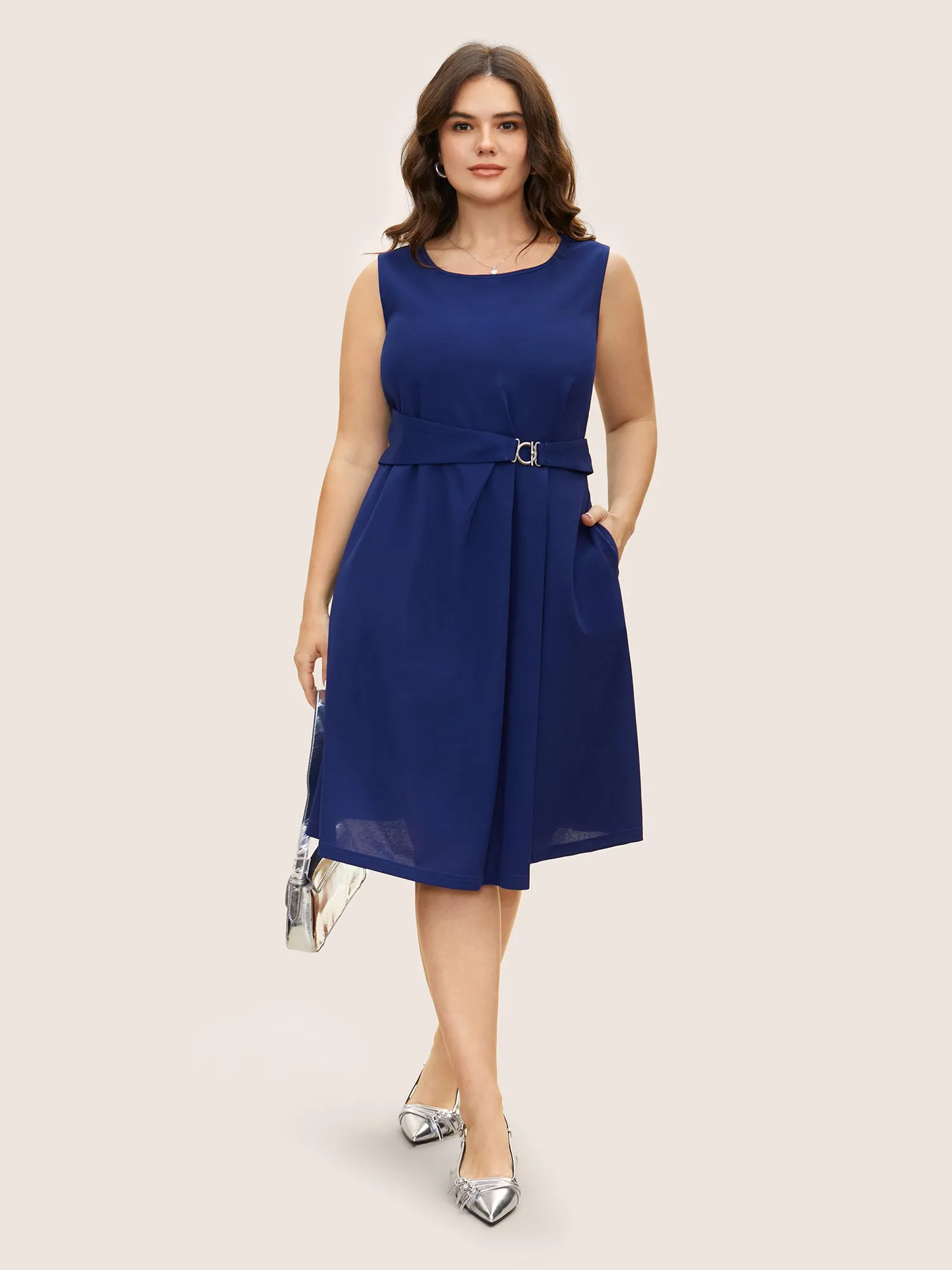 Solid Metal Detail Belted Pleated Tank Dress sold by Bloomchic