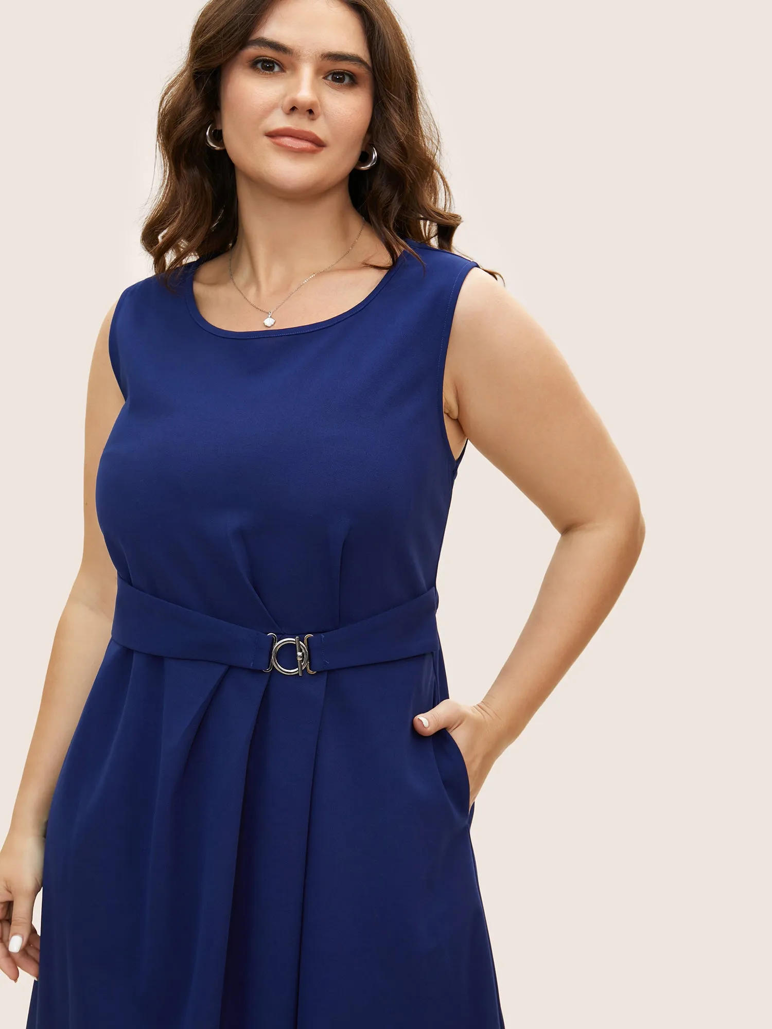 Solid Metal Detail Belted Pleated Tank Dress sold by Bloomchic product image thumbnail 4