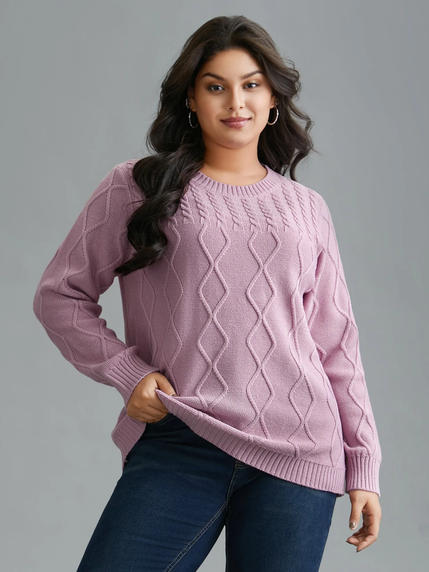Crew Neck Cable Knit Textured Pullover sold by Bloomchic