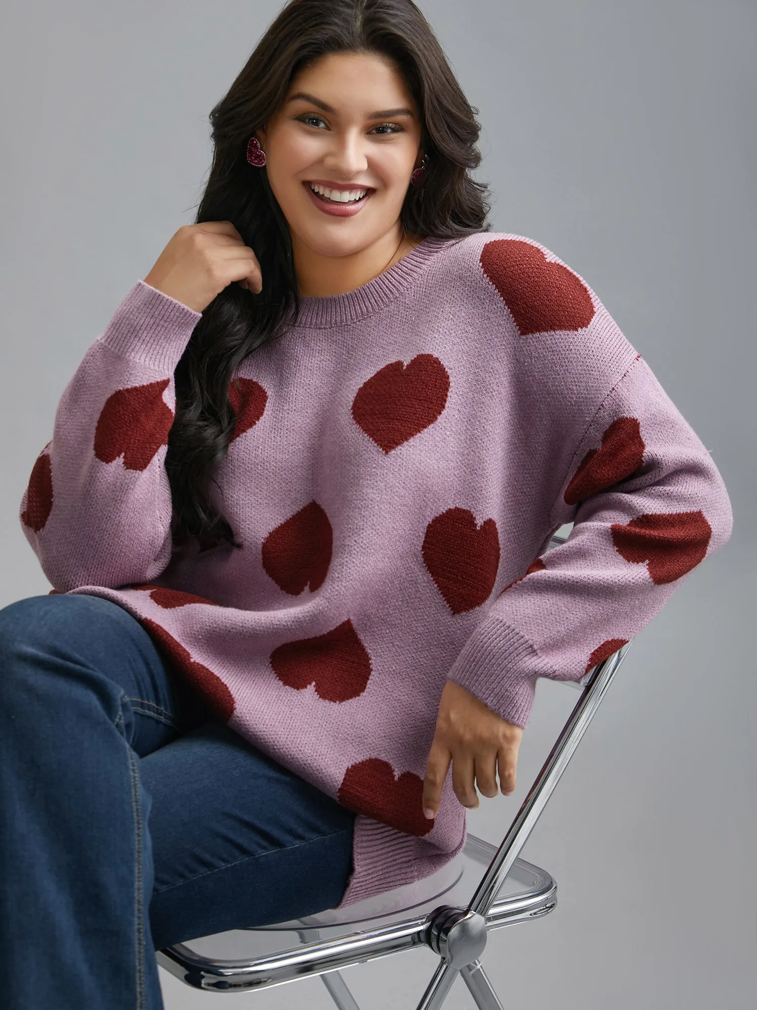 Round Neck Contrast Heart Jacquard Pullover sold by Bloomchic product image thumbnail 4