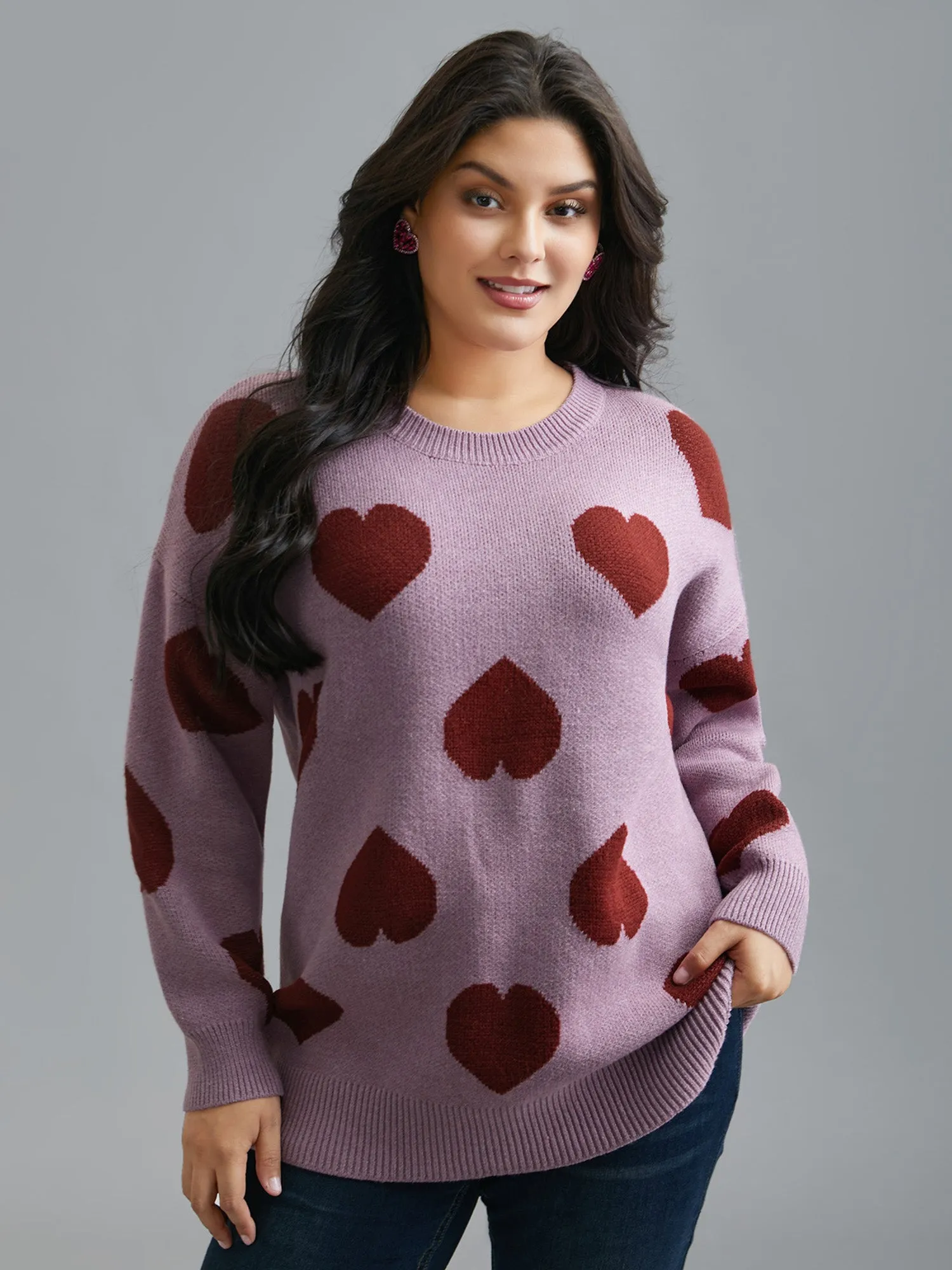 Round Neck Contrast Heart Jacquard Pullover sold by Bloomchic