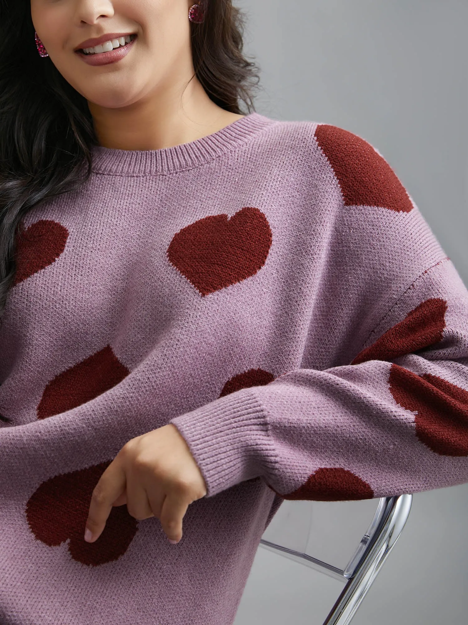 Round Neck Contrast Heart Jacquard Pullover sold by Bloomchic product image thumbnail 5