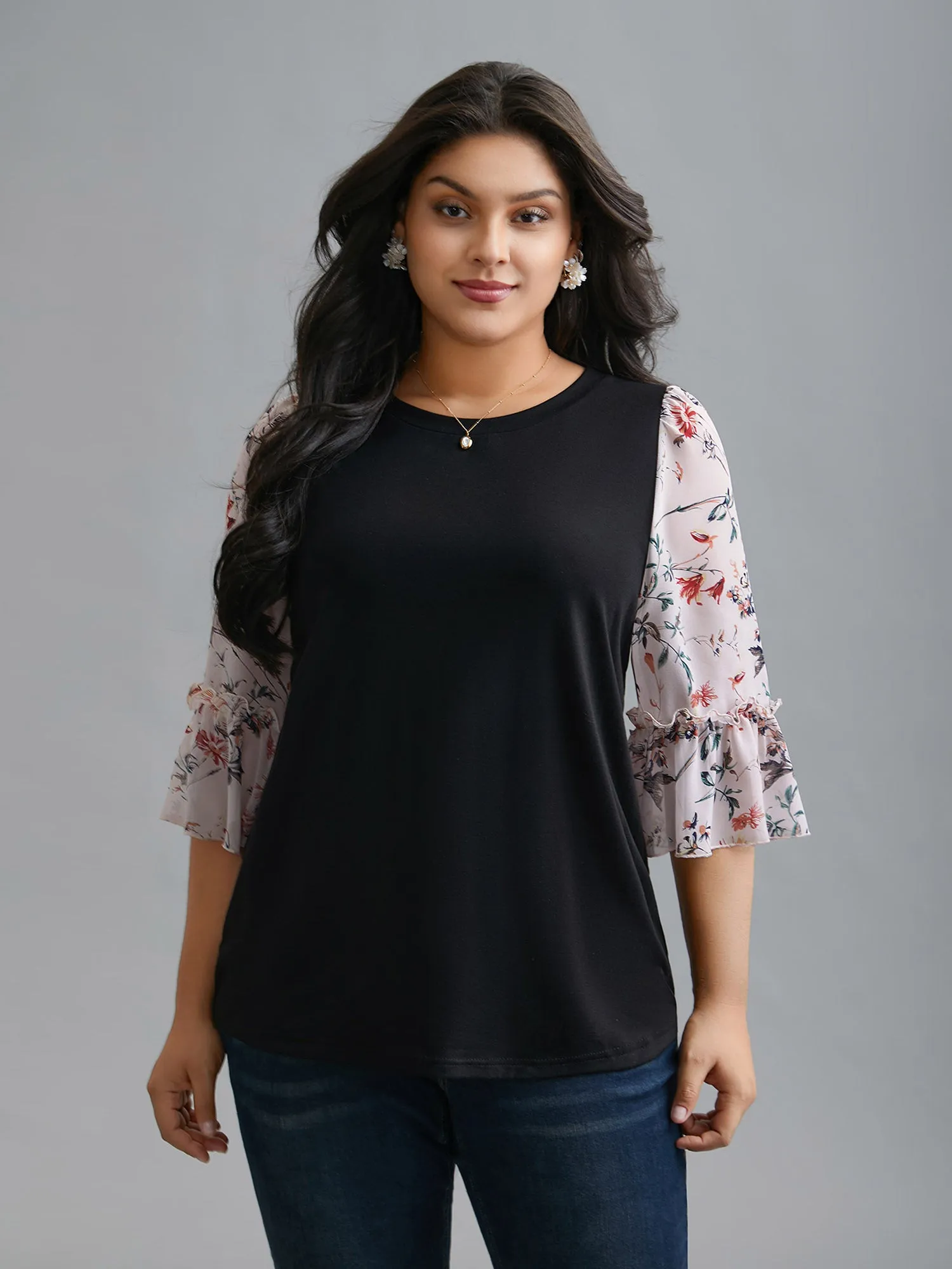 Floral Print Patchwork Ruffle Sleeve T-Shirt sold by Bloomchic