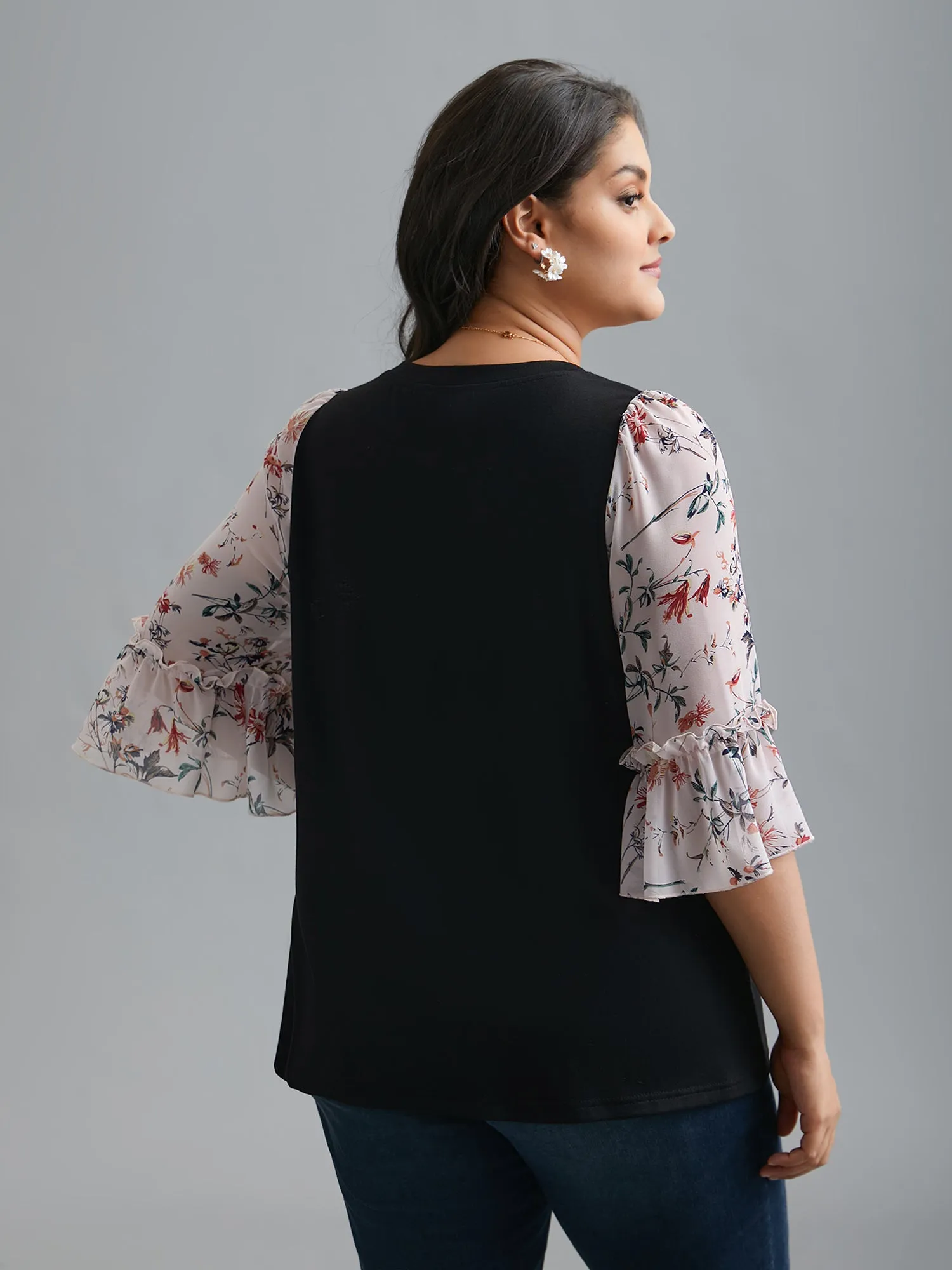Floral Print Patchwork Ruffle Sleeve T-Shirt sold by Bloomchic product image thumbnail 5