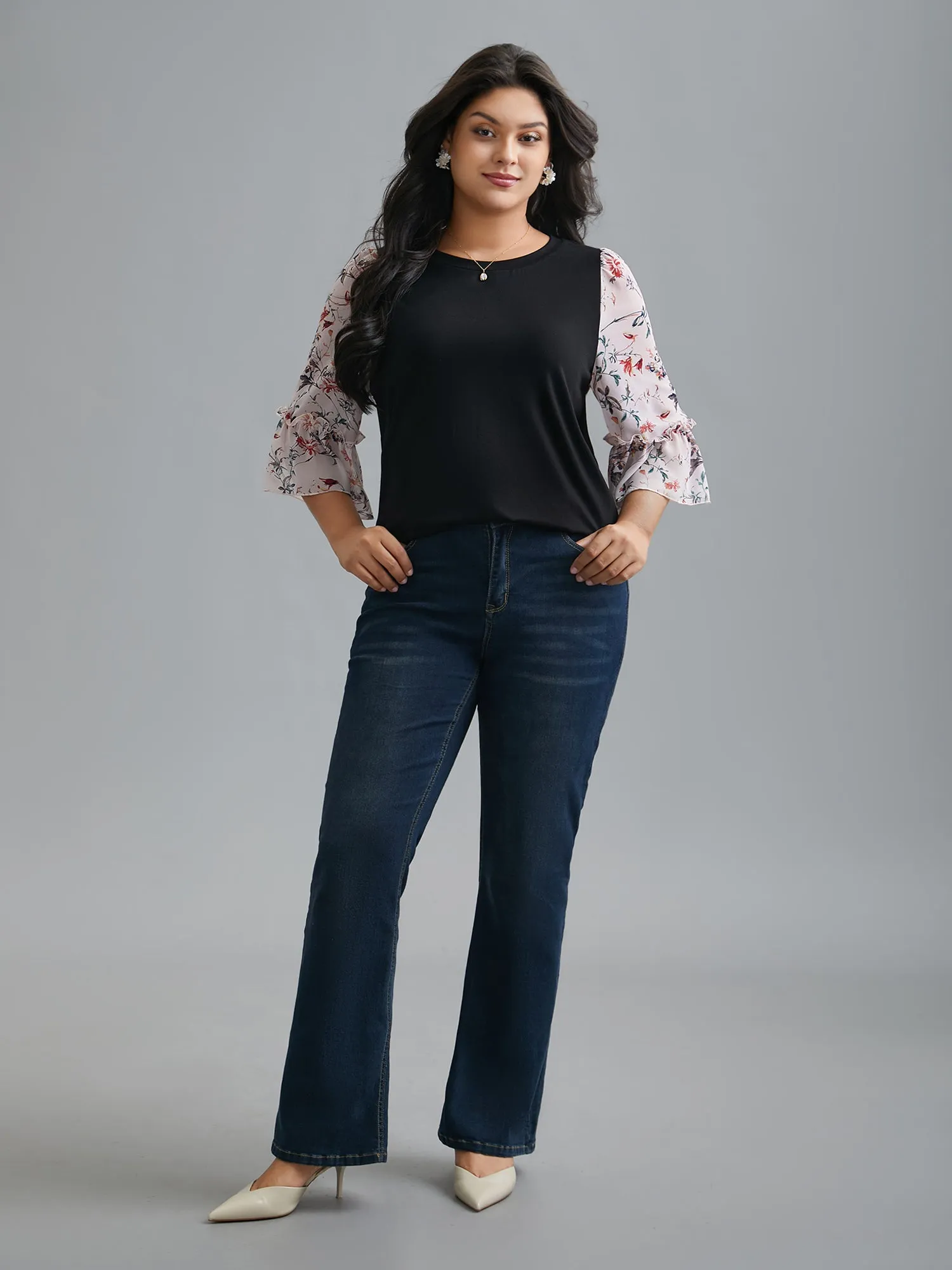 Floral Print Patchwork Ruffle Sleeve T-Shirt sold by Bloomchic product image thumbnail 3