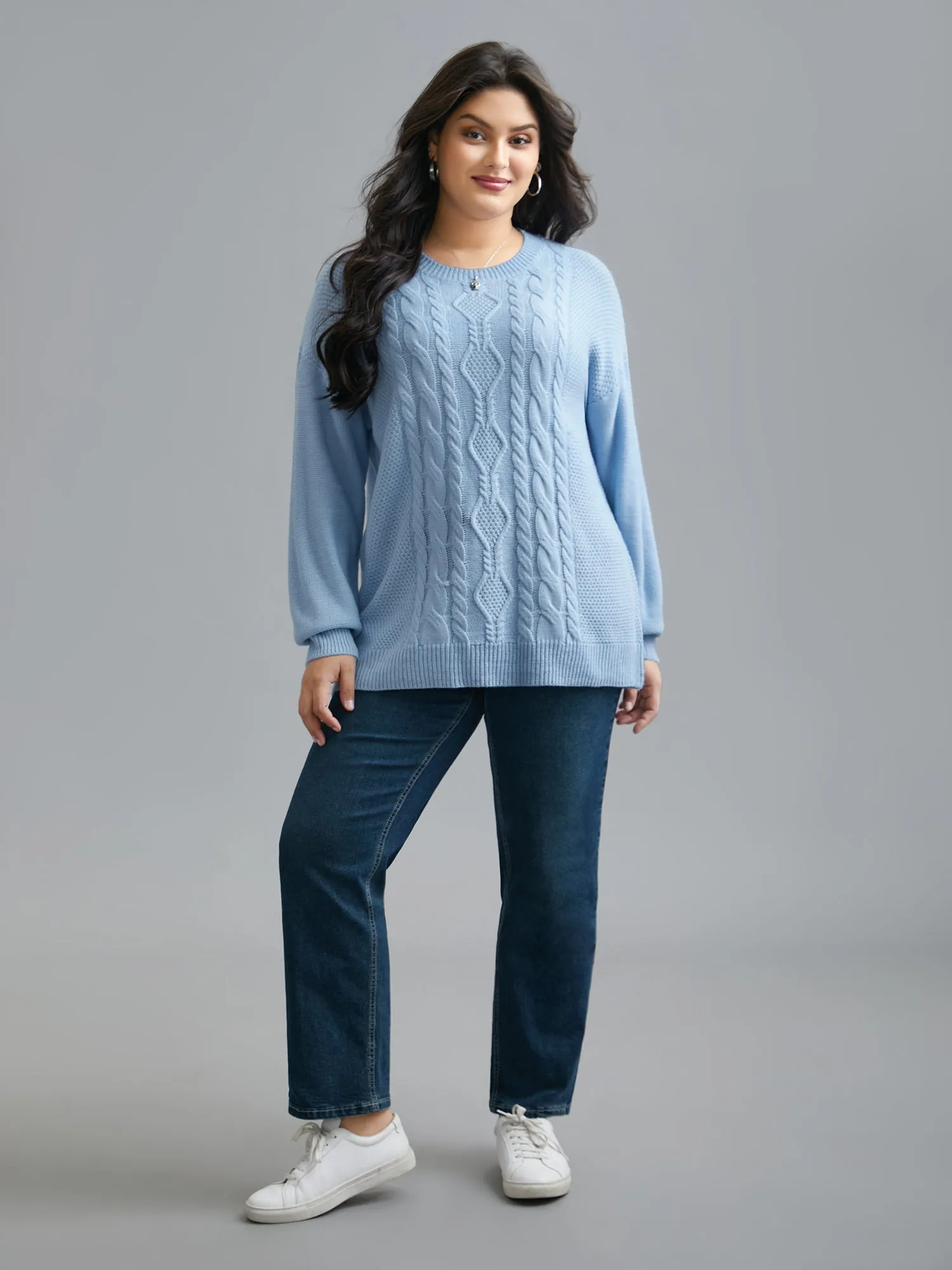 Solid Round Neck Plisse Cable Knit Pullover sold by Bloomchic product image thumbnail 3