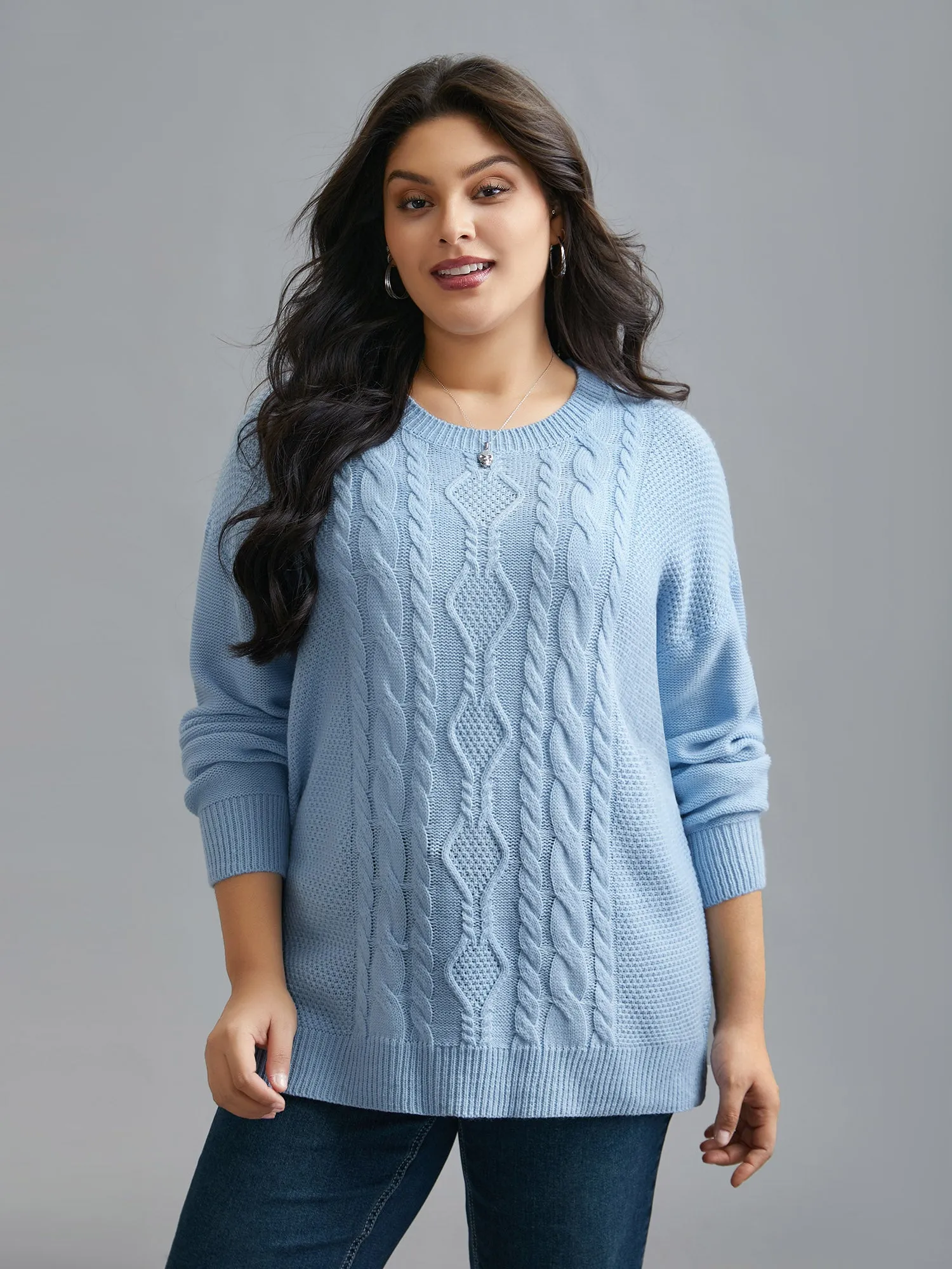 Solid Round Neck Plisse Cable Knit Pullover sold by Bloomchic product image thumbnail 4