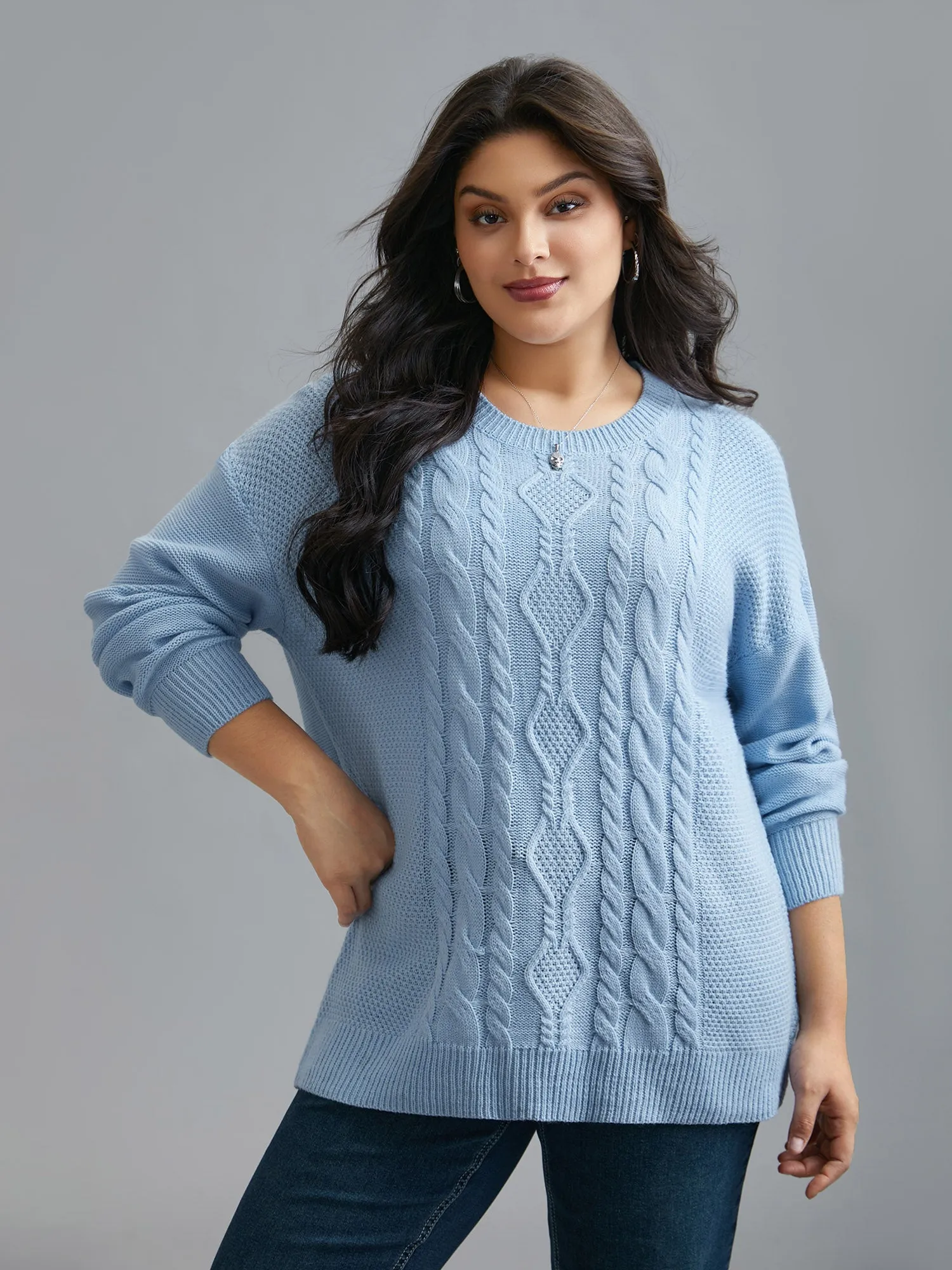 Solid Round Neck Plisse Cable Knit Pullover sold by Bloomchic