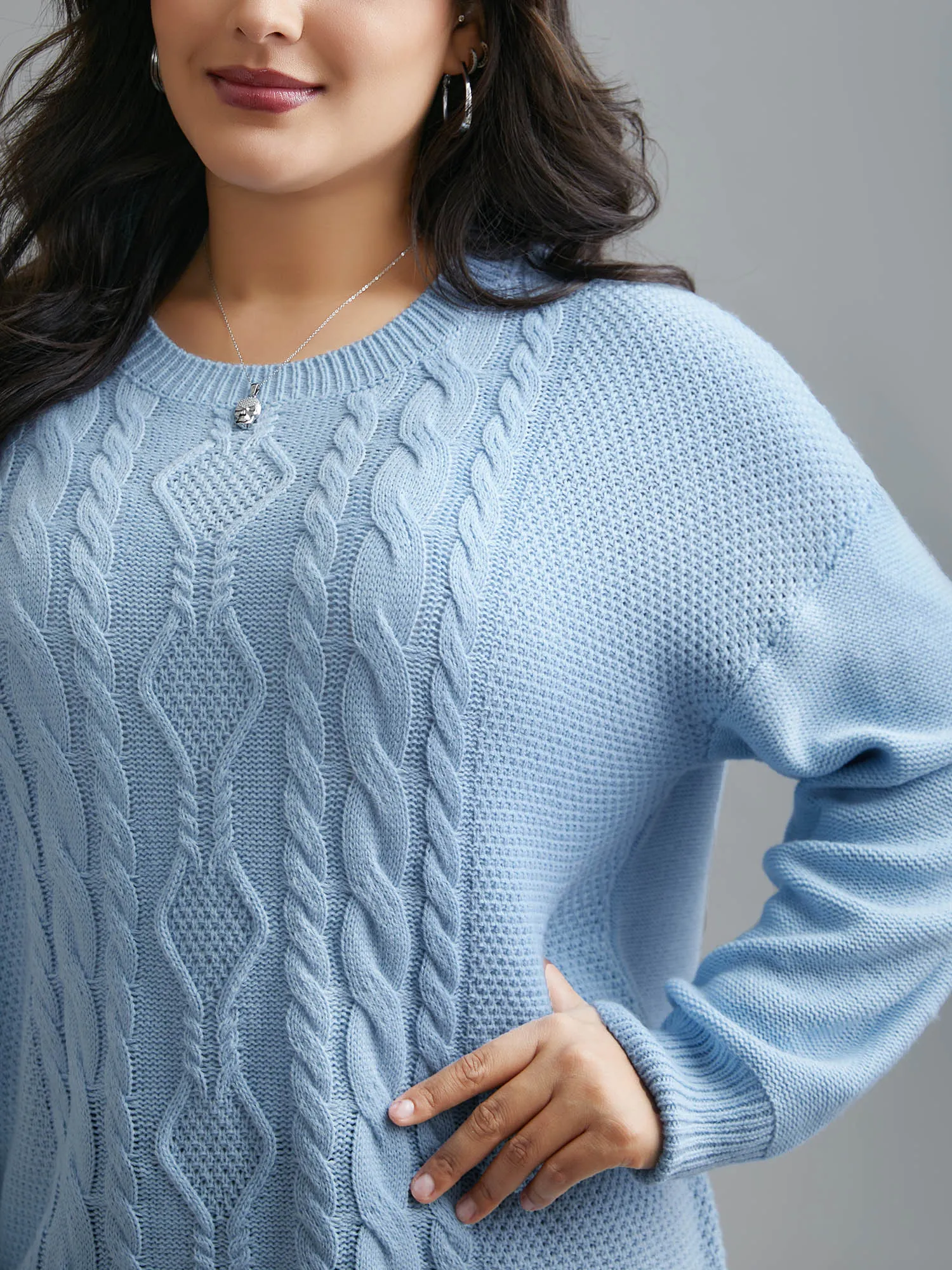 Solid Round Neck Plisse Cable Knit Pullover sold by Bloomchic product image thumbnail 5