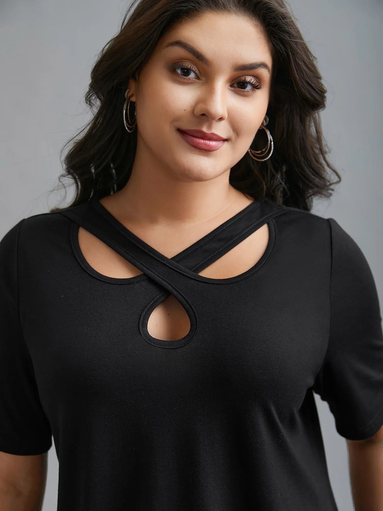 Crossover Keyhole Plain Stretchy T-Shirt sold by Bloomchic product image thumbnail 3