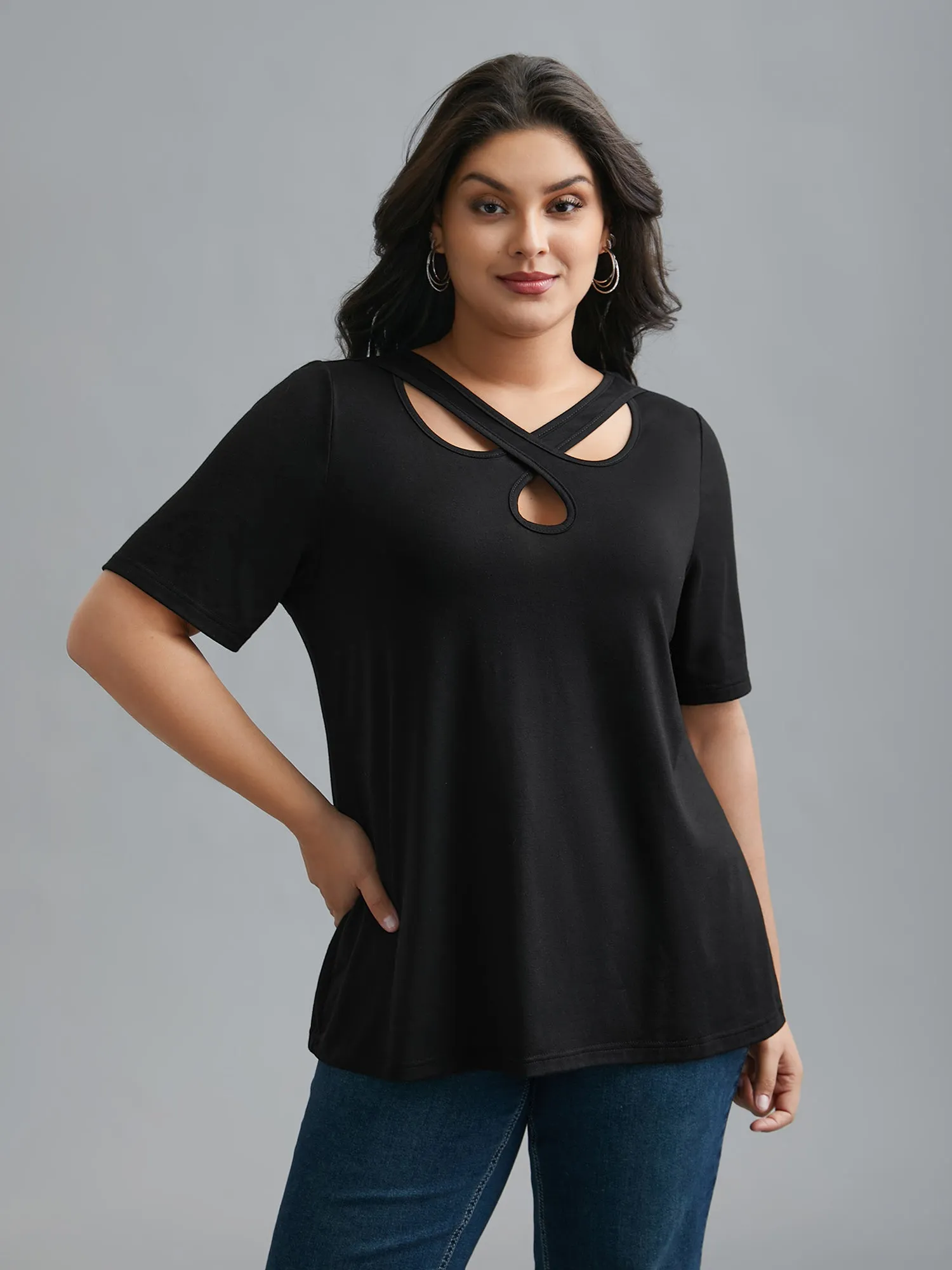 Crossover Keyhole Plain Stretchy T-Shirt sold by Bloomchic product image thumbnail 2