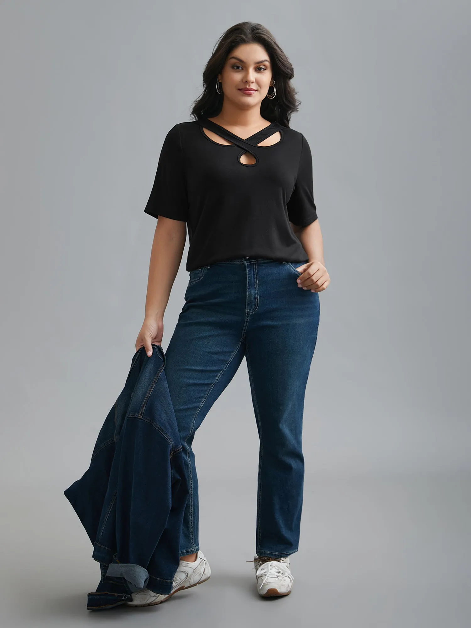 Crossover Keyhole Plain Stretchy T-Shirt sold by Bloomchic product image thumbnail 4