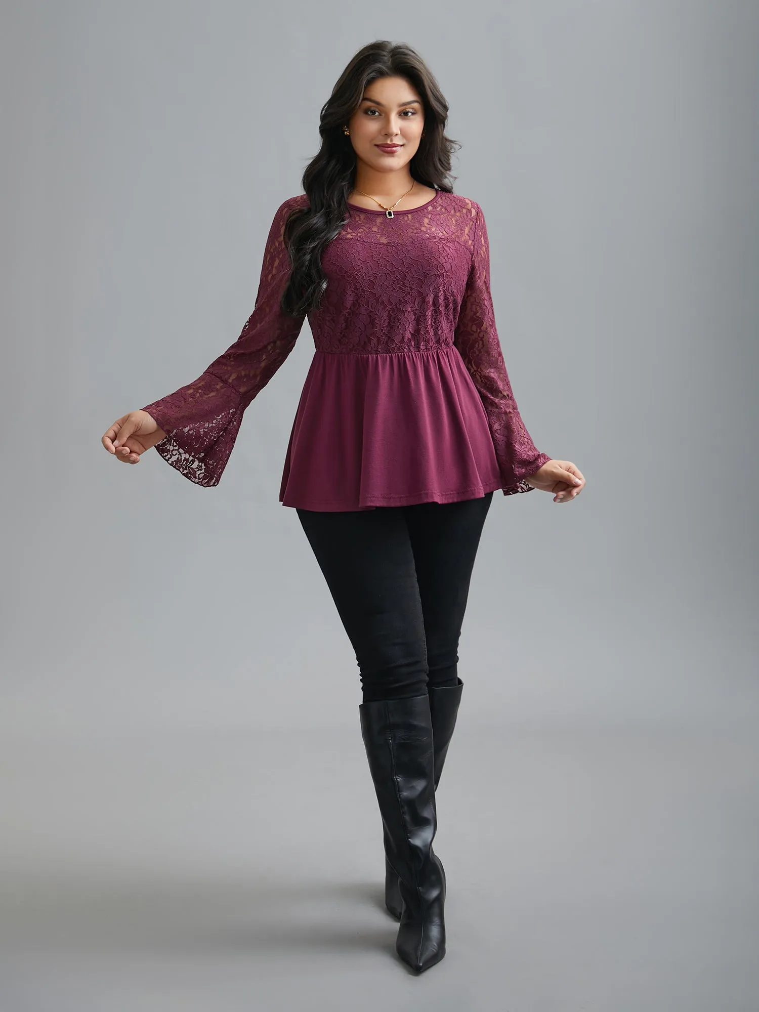 Sheer Lace Knit Micro-Elastic Bell Sleeve Top sold by Bloomchic product image thumbnail 2