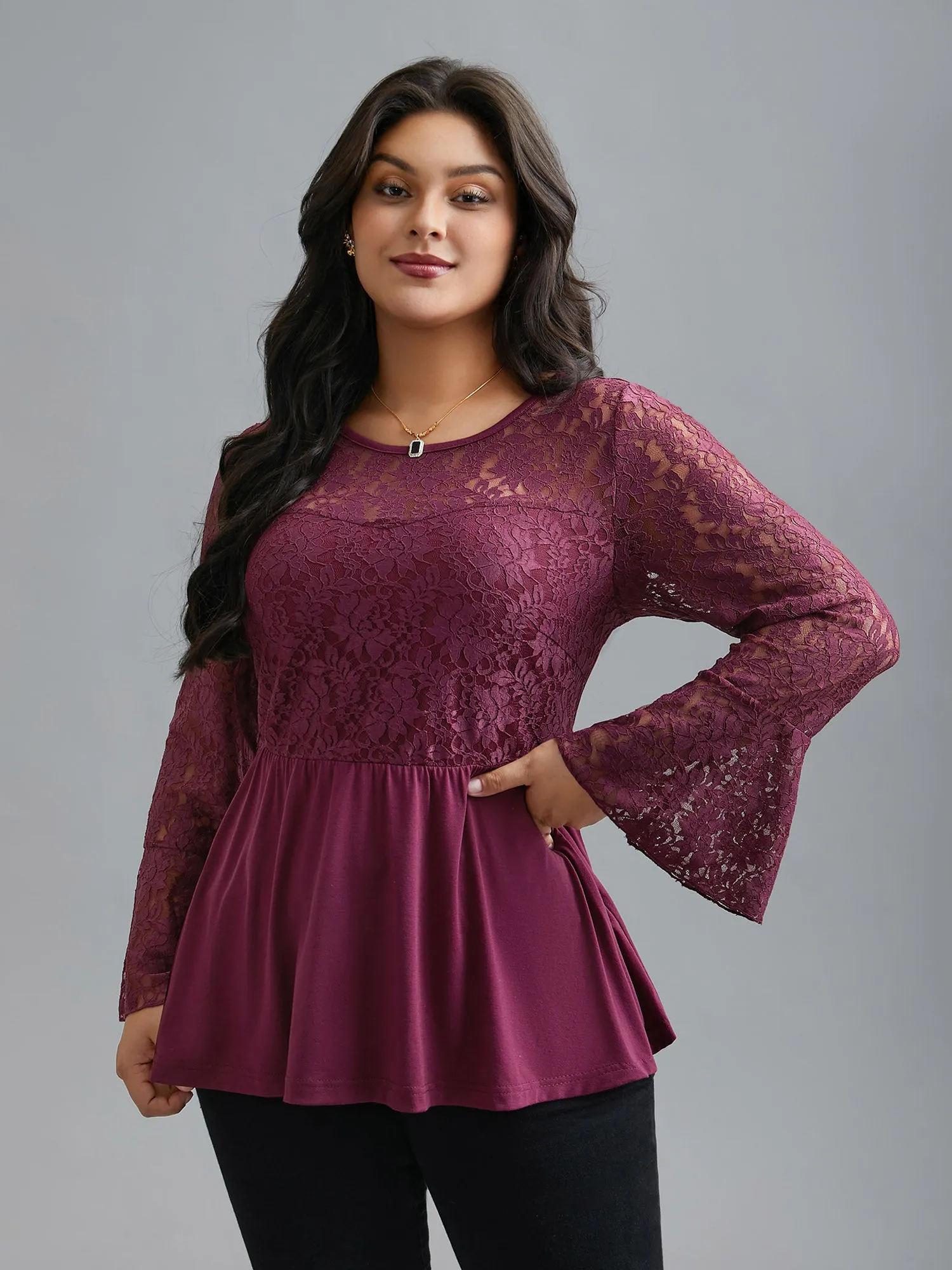 Sheer Lace Knit Micro-Elastic Bell Sleeve Top sold by Bloomchic product image thumbnail 3