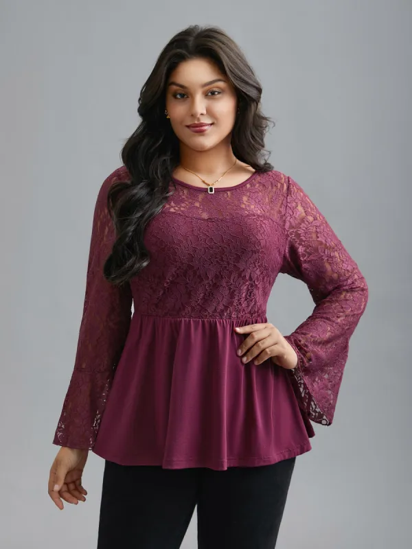 Sheer Lace Knit Micro-Elastic Bell Sleeve Top sold by Bloomchic