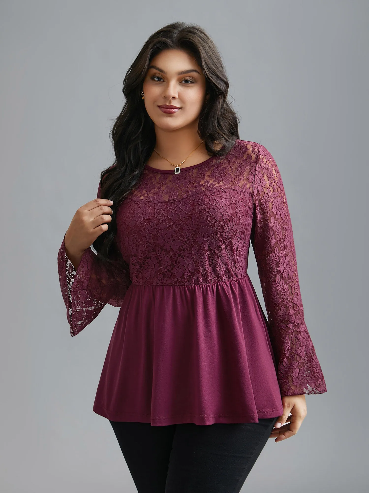 Sheer Lace Knit Micro-Elastic Bell Sleeve Top sold by Bloomchic product image thumbnail 4