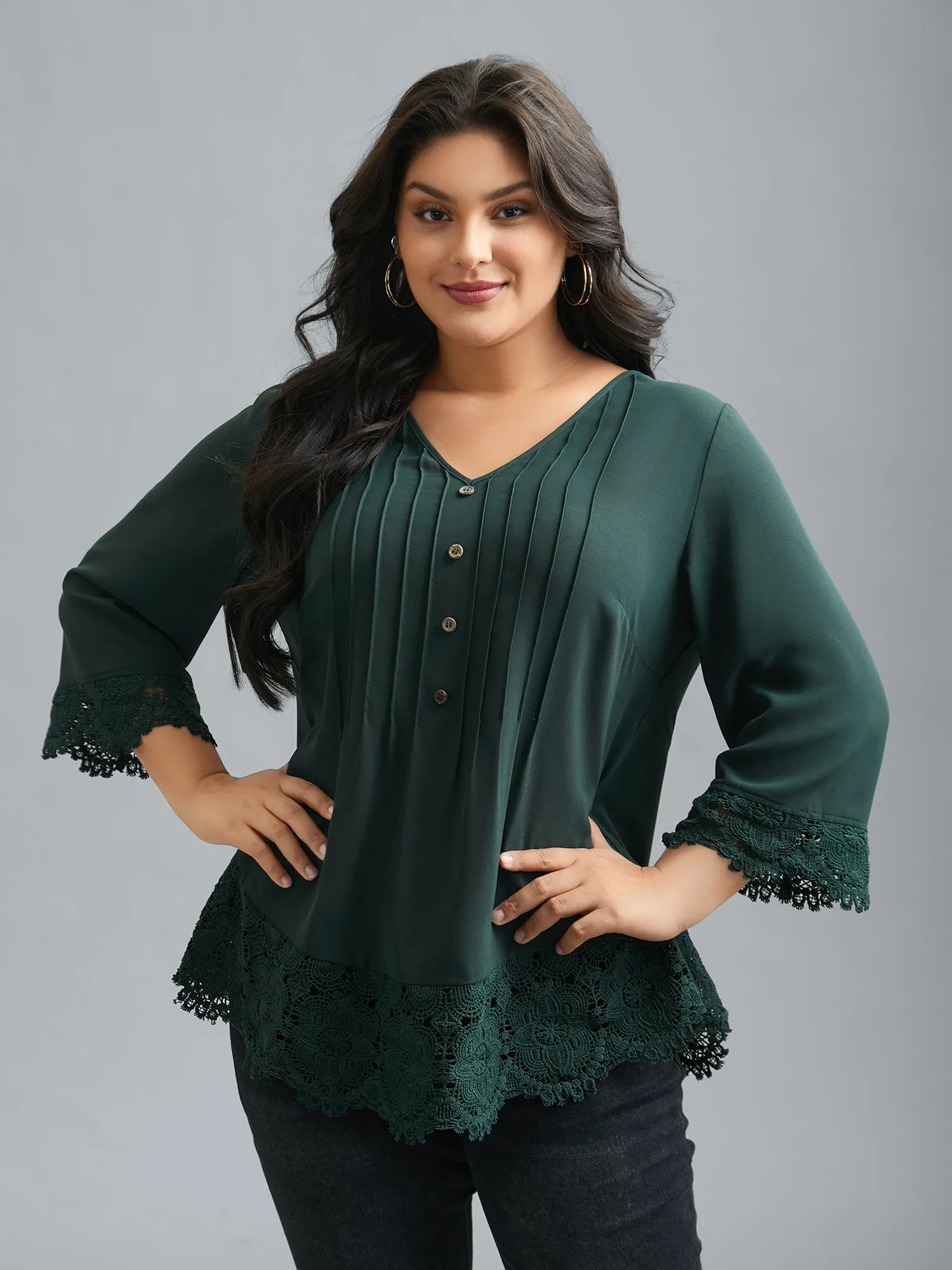 V Neck Plicated Detail Contrast Lace Blouse sold by Bloomchic product image thumbnail 4