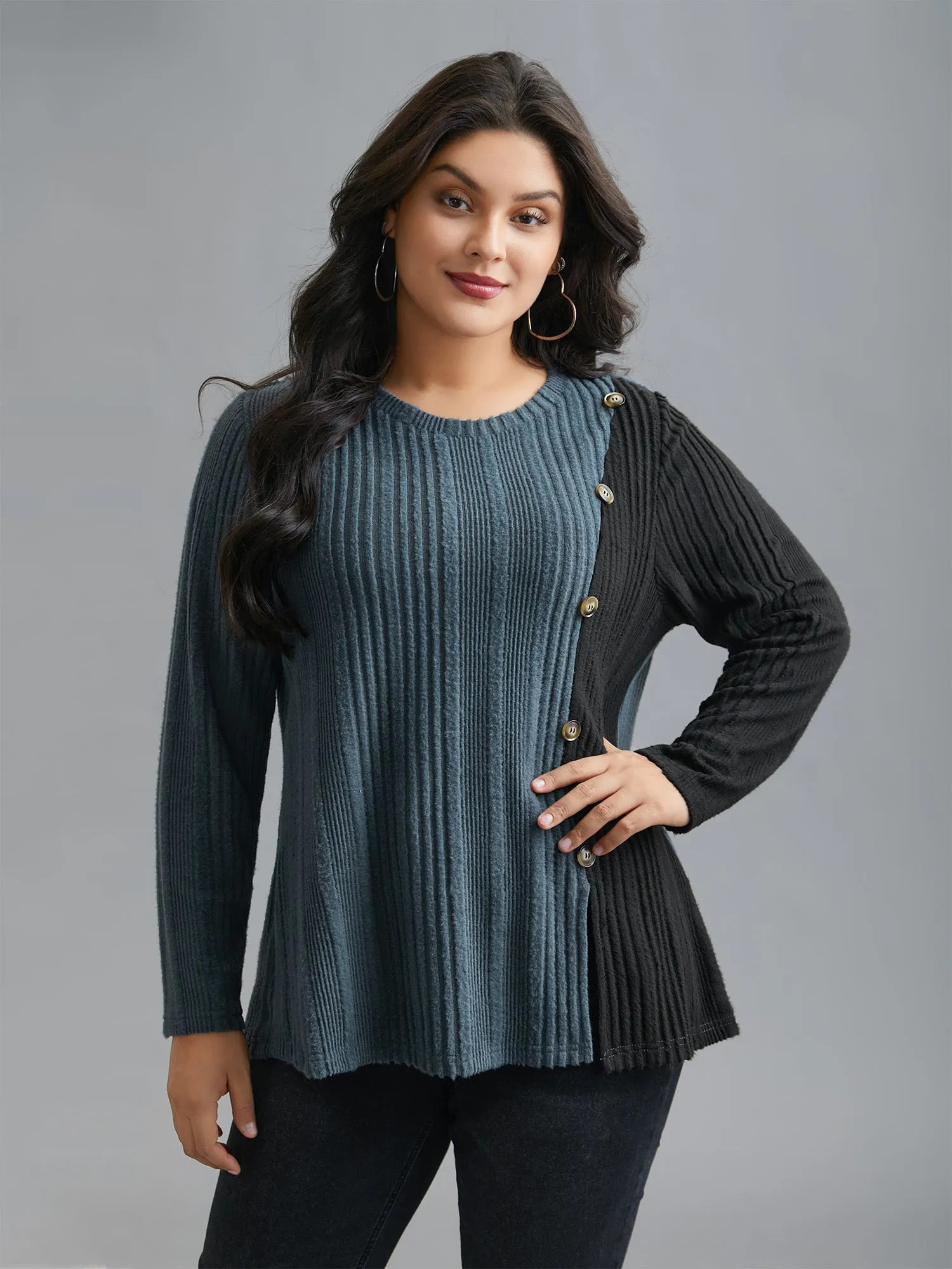 Pit Strip Contrast Button Detail T-Shirt sold by Bloomchic