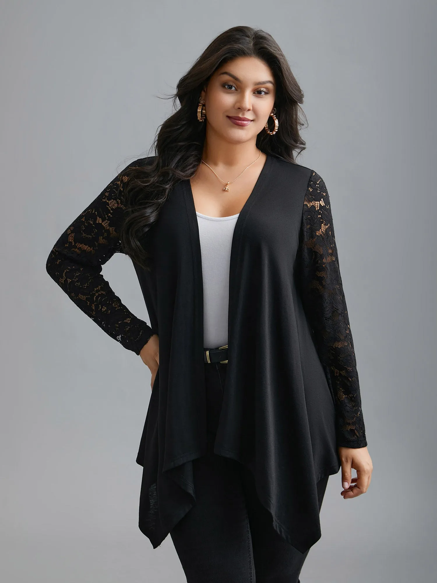 Crochet Lace Mesh Asymmetrical Trim Cardigan sold by Bloomchic product image thumbnail 3