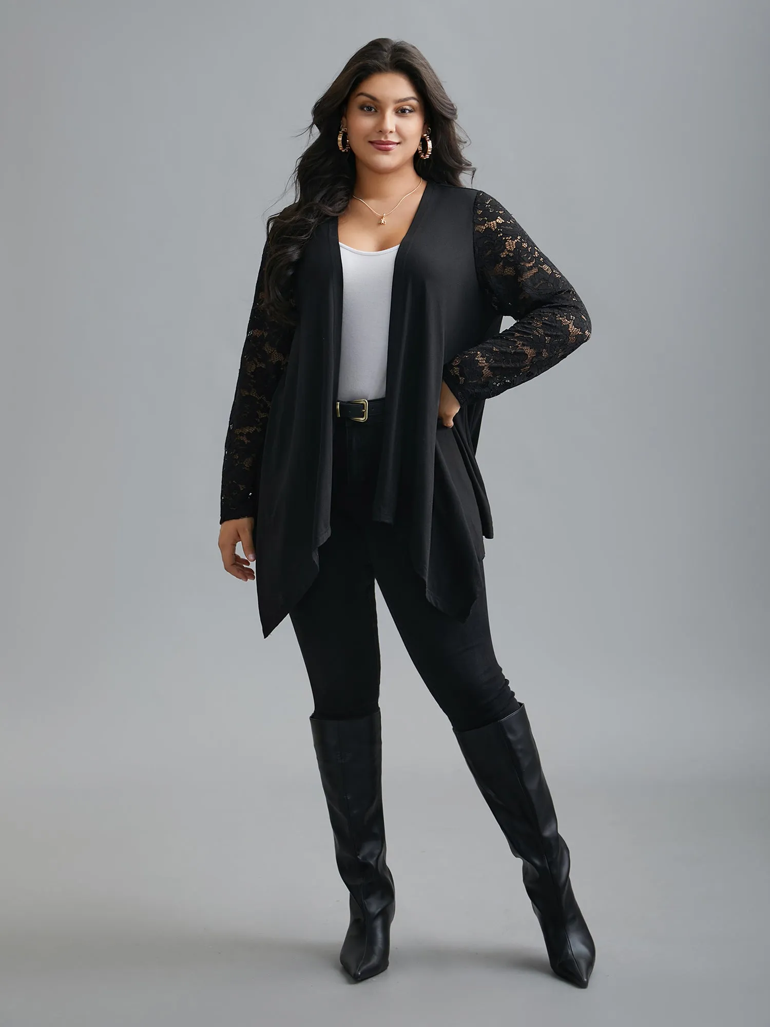 Crochet Lace Mesh Asymmetrical Trim Cardigan sold by Bloomchic product image thumbnail 5