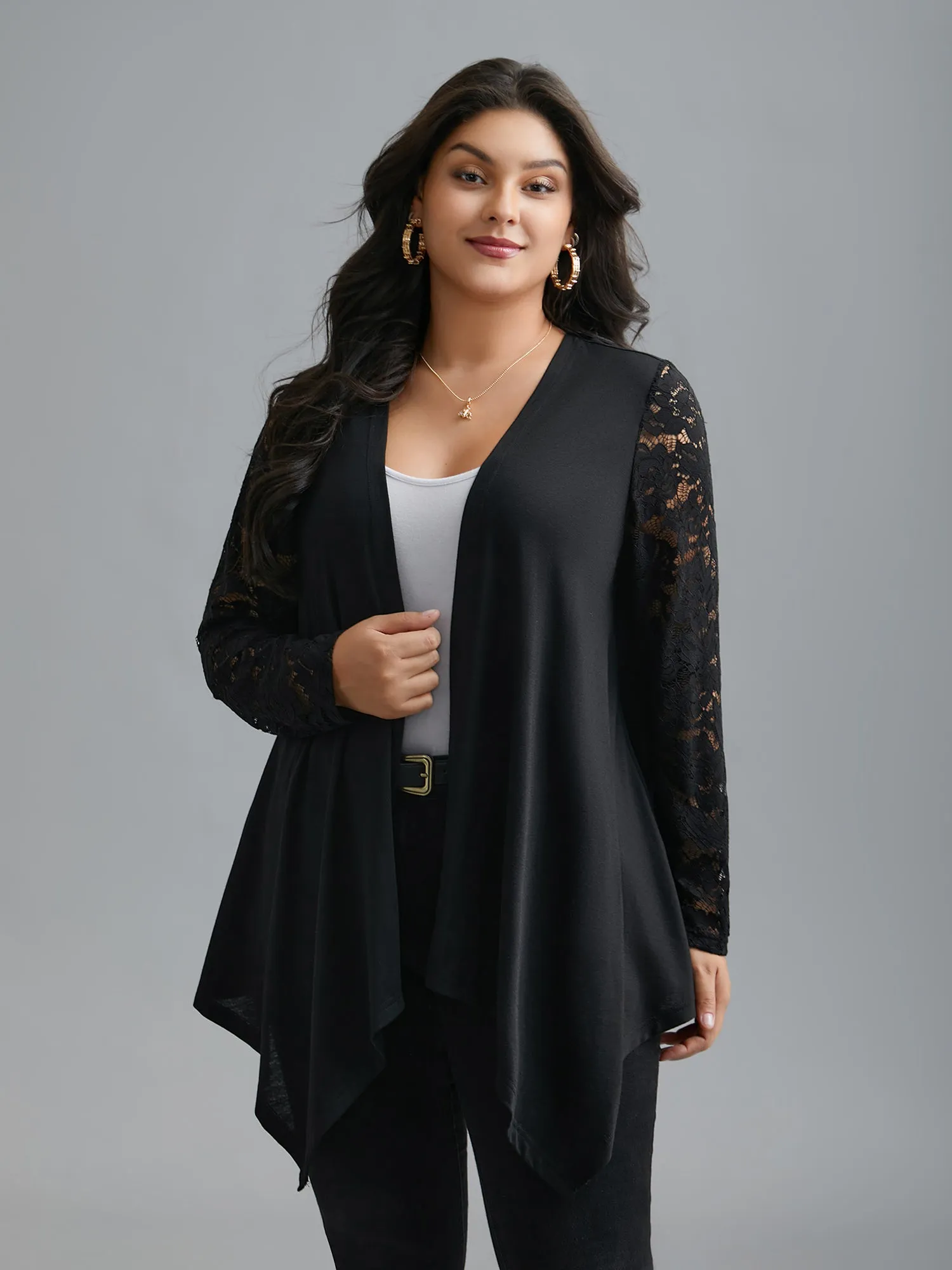 Crochet Lace Mesh Asymmetrical Trim Cardigan sold by Bloomchic product image thumbnail 2