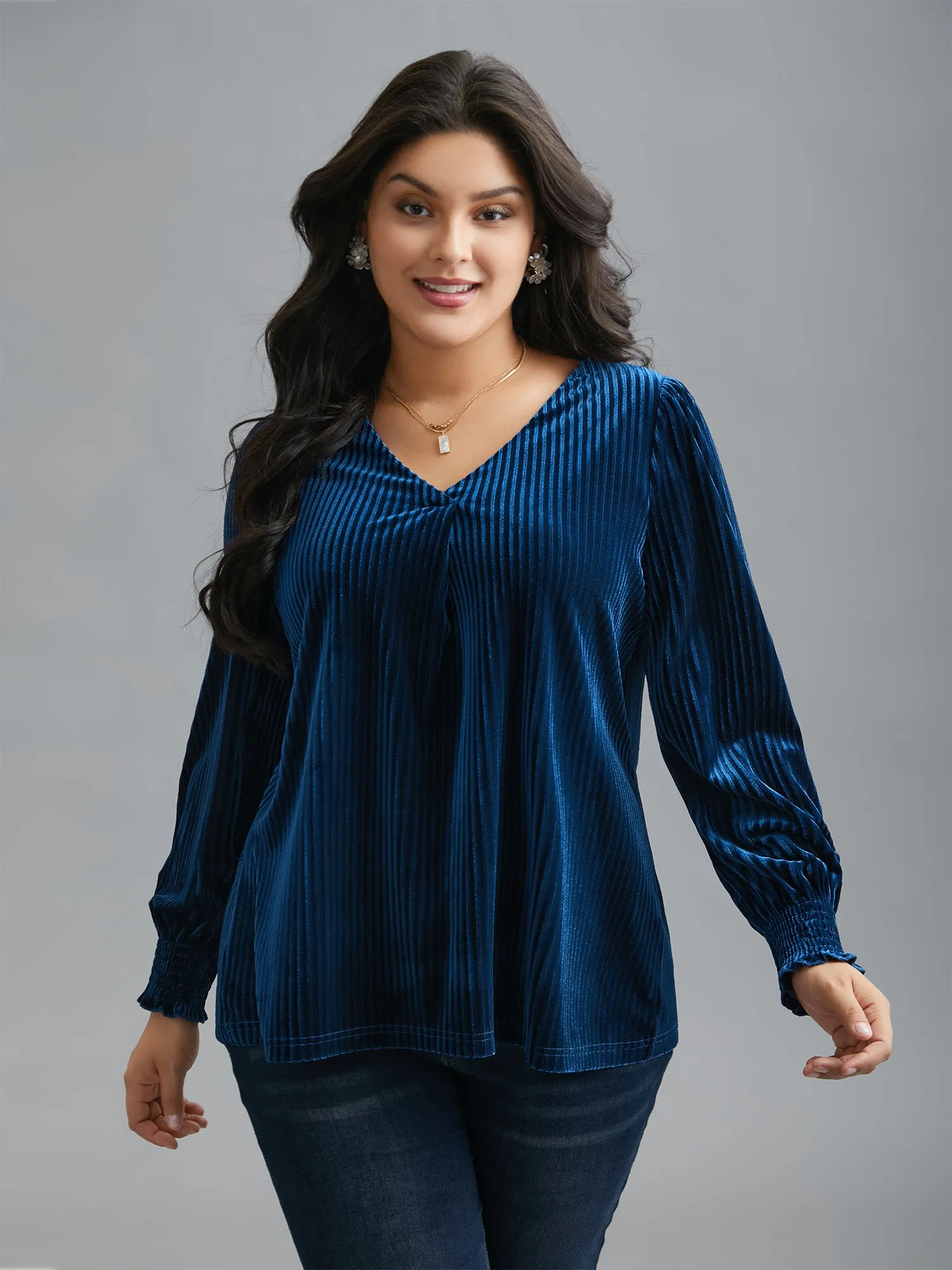 V Neck Plain Shirred Velvet Top sold by Bloomchic product image thumbnail 2