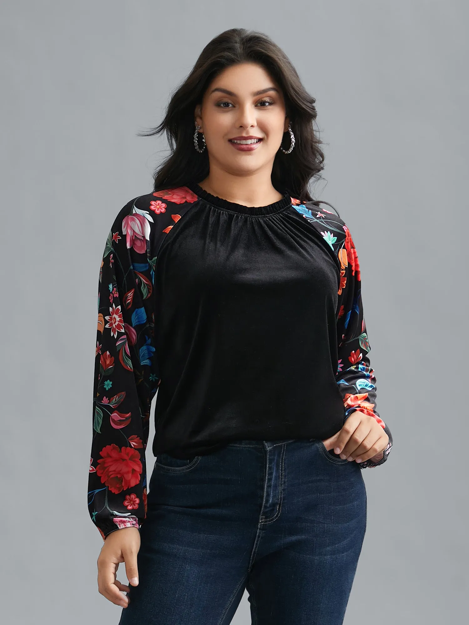 Floral Frill Trim Patchwork Velvet Top sold by Bloomchic
