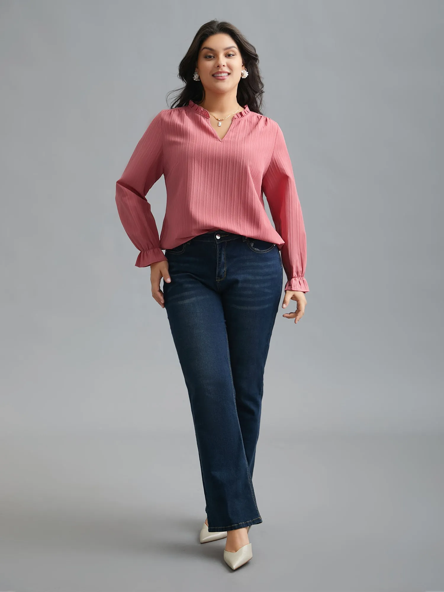 V Neck Frill Trim Textured Blouse sold by Bloomchic product image thumbnail 4