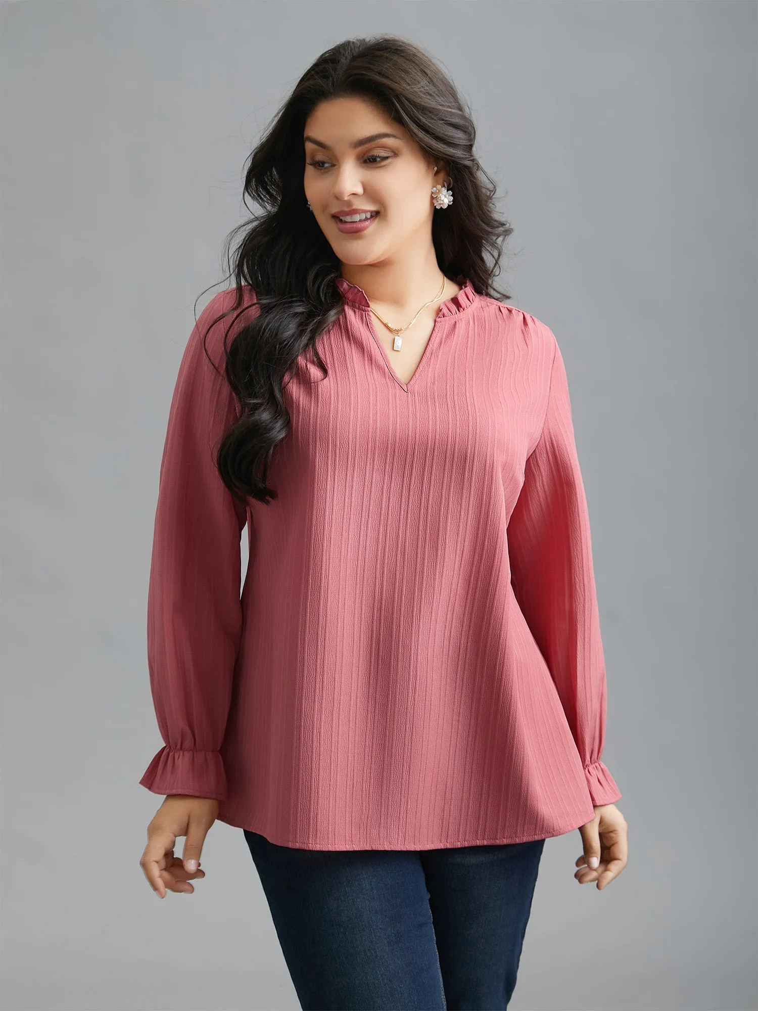 V Neck Frill Trim Textured Blouse sold by Bloomchic