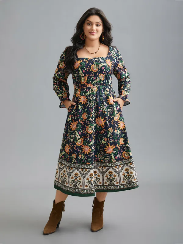 Square Neck Floral Boho Print Midi Dress sold by Bloomchic