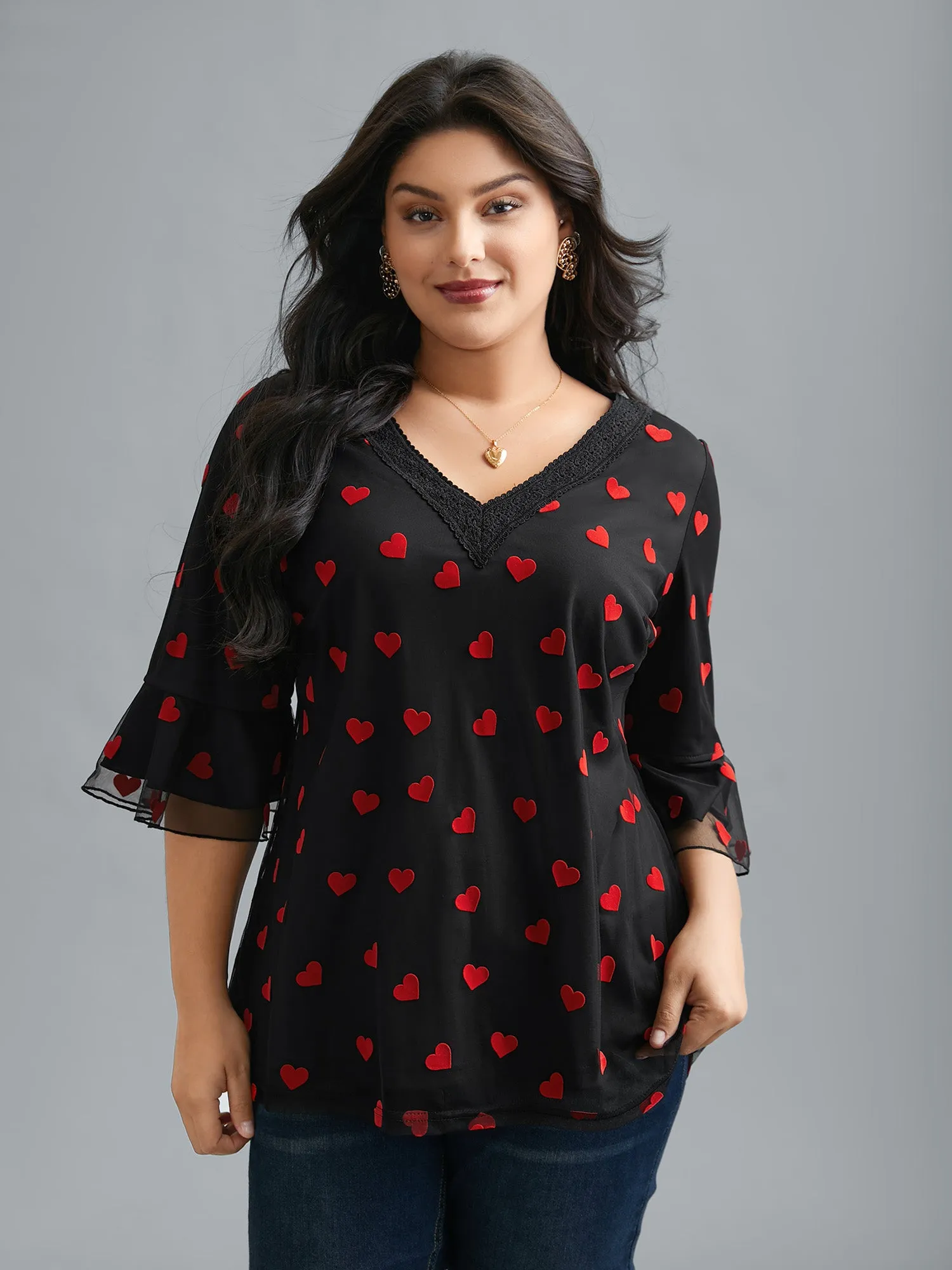 V-Neck Hearts Mesh Lace Detailing Blouse sold by Bloomchic product image thumbnail 3