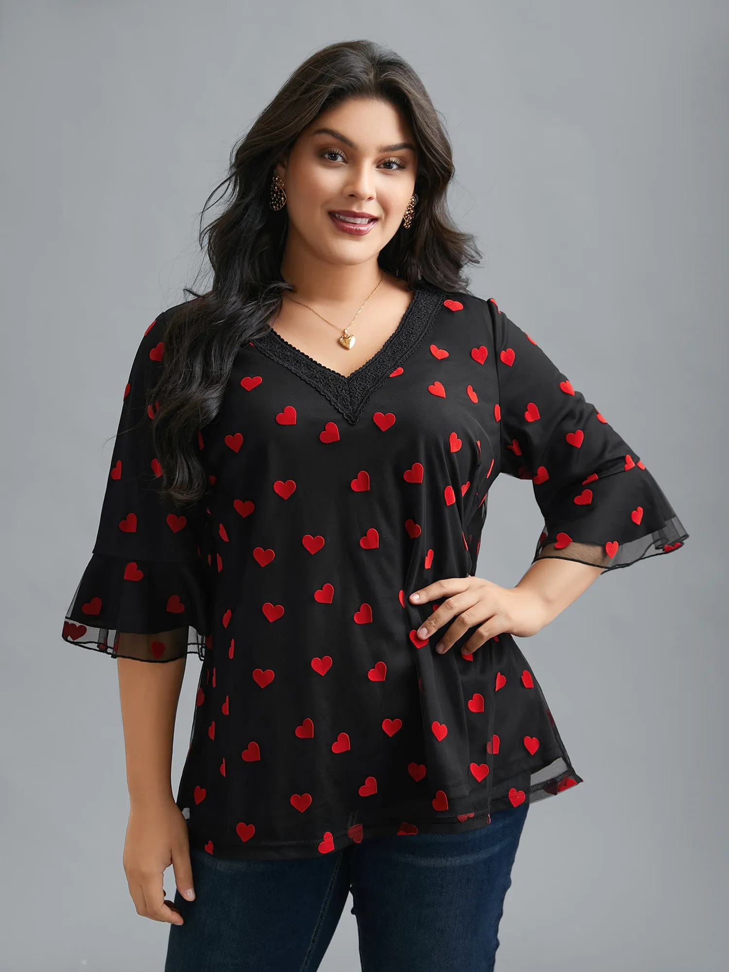 V-Neck Hearts Mesh Lace Detailing Blouse sold by Bloomchic