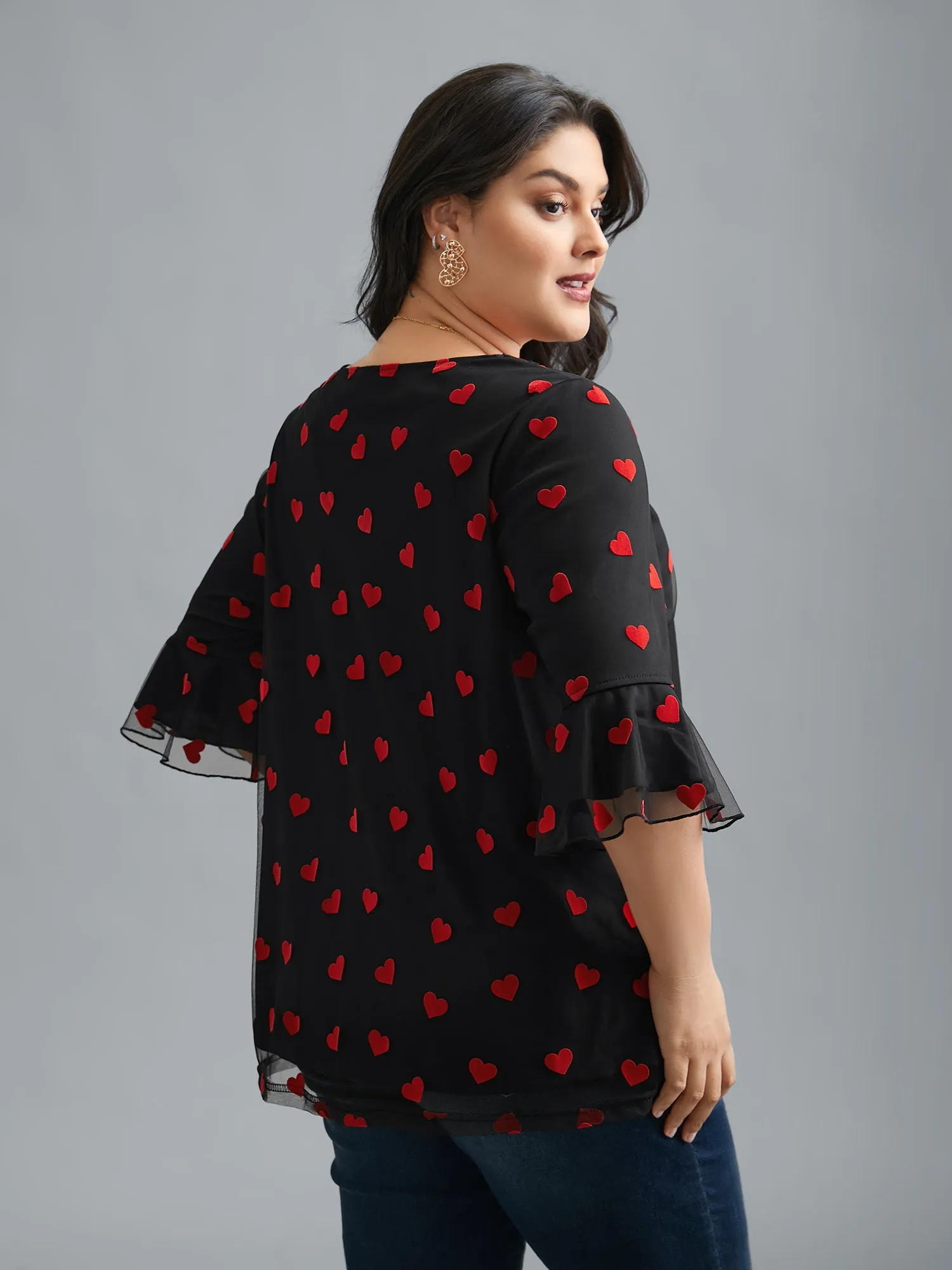 V-Neck Hearts Mesh Lace Detailing Blouse sold by Bloomchic product image thumbnail 5