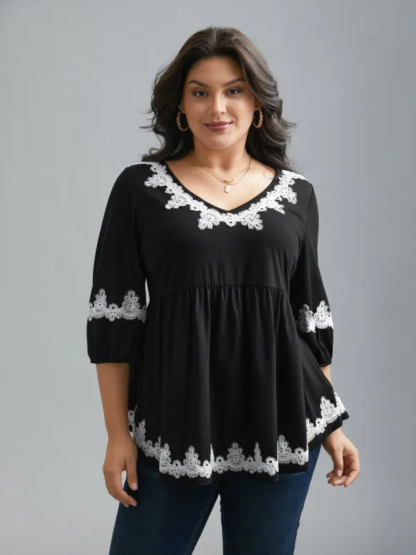 Embroidered Gathered Lantern Sleeve Top sold by Bloomchic