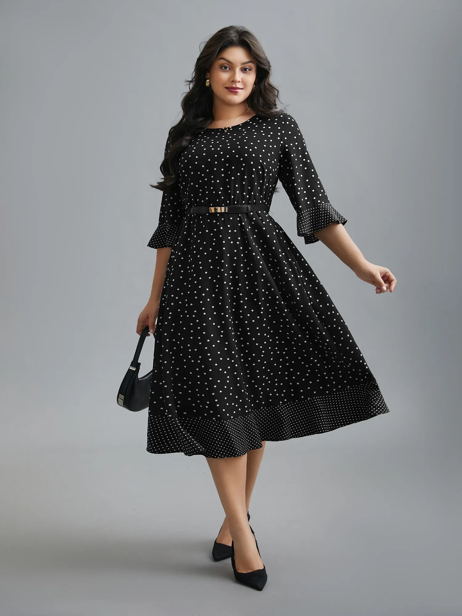Crew Neck Polka Dot Waist Cinched Dress sold by Bloomchic