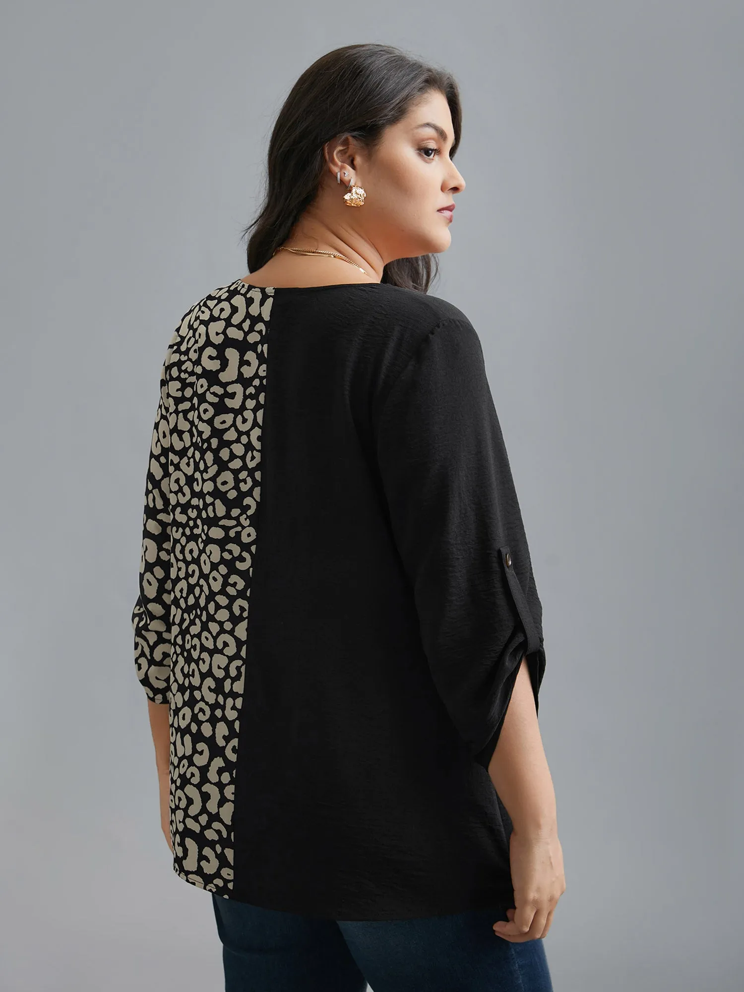 Leopard Print Spliced Tab Sleeve Blouse sold by Bloomchic product image thumbnail 5