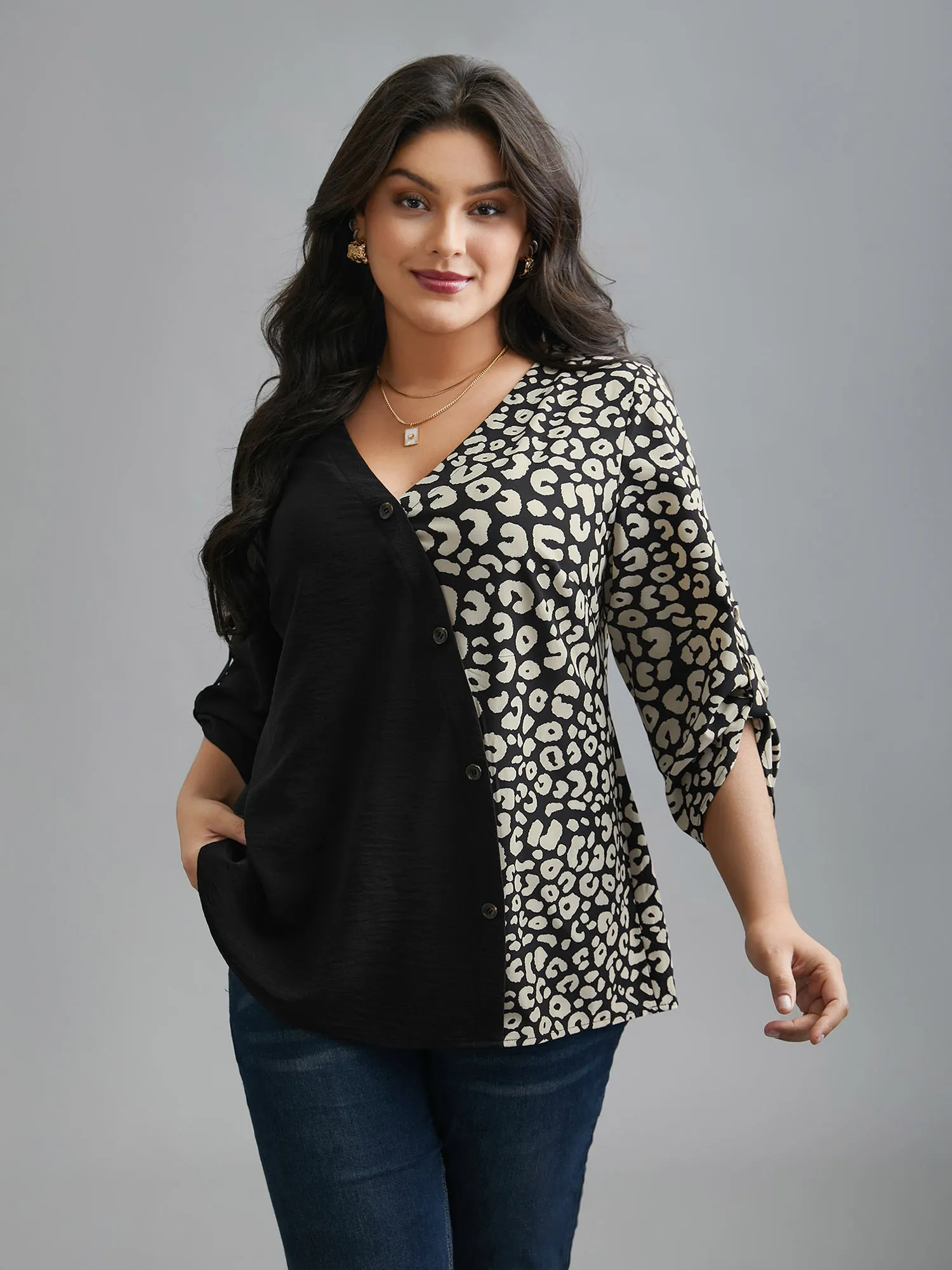 Leopard Print Spliced Tab Sleeve Blouse sold by Bloomchic product image thumbnail 3