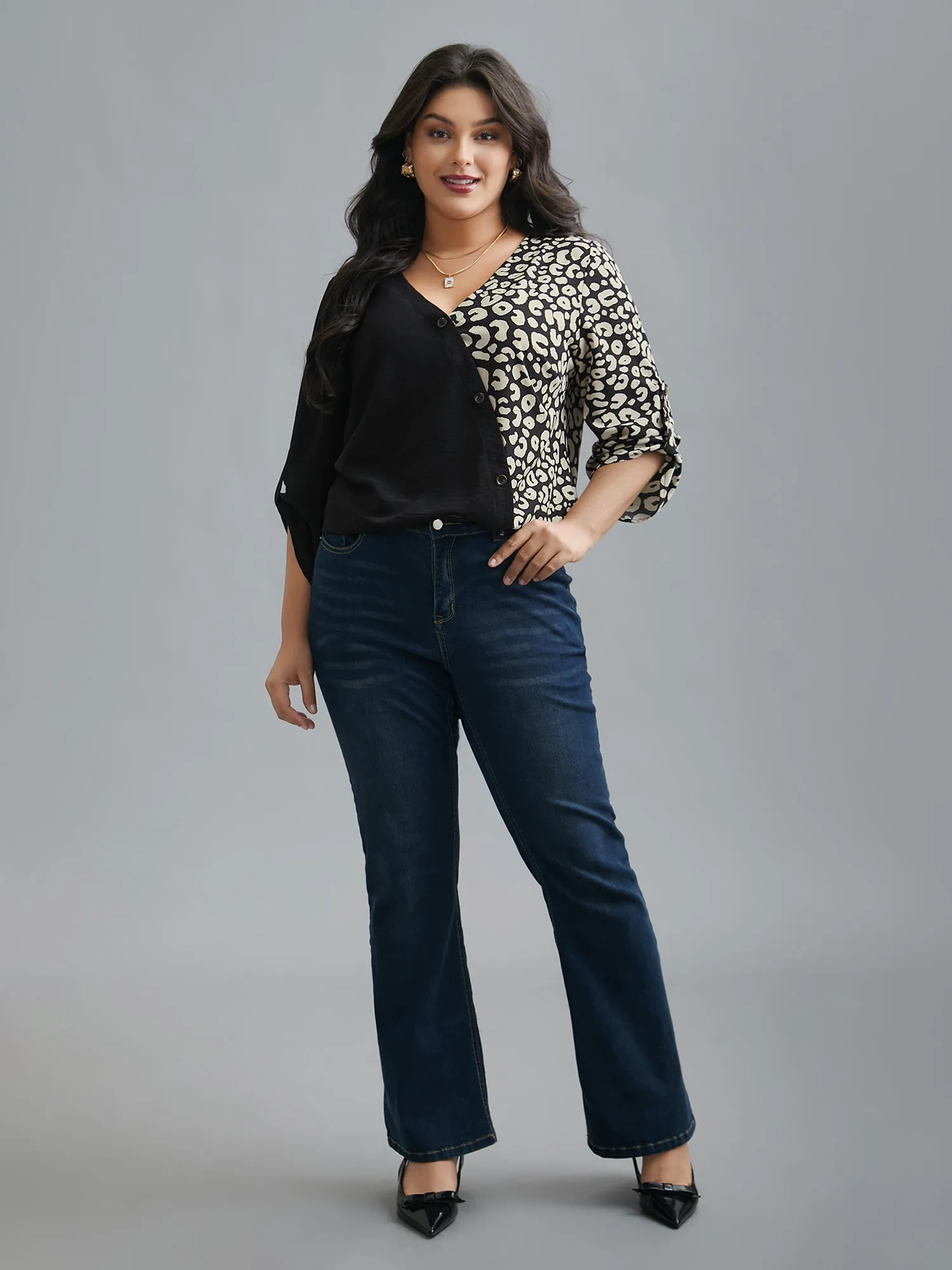 Leopard Print Spliced Tab Sleeve Blouse sold by Bloomchic product image thumbnail 2