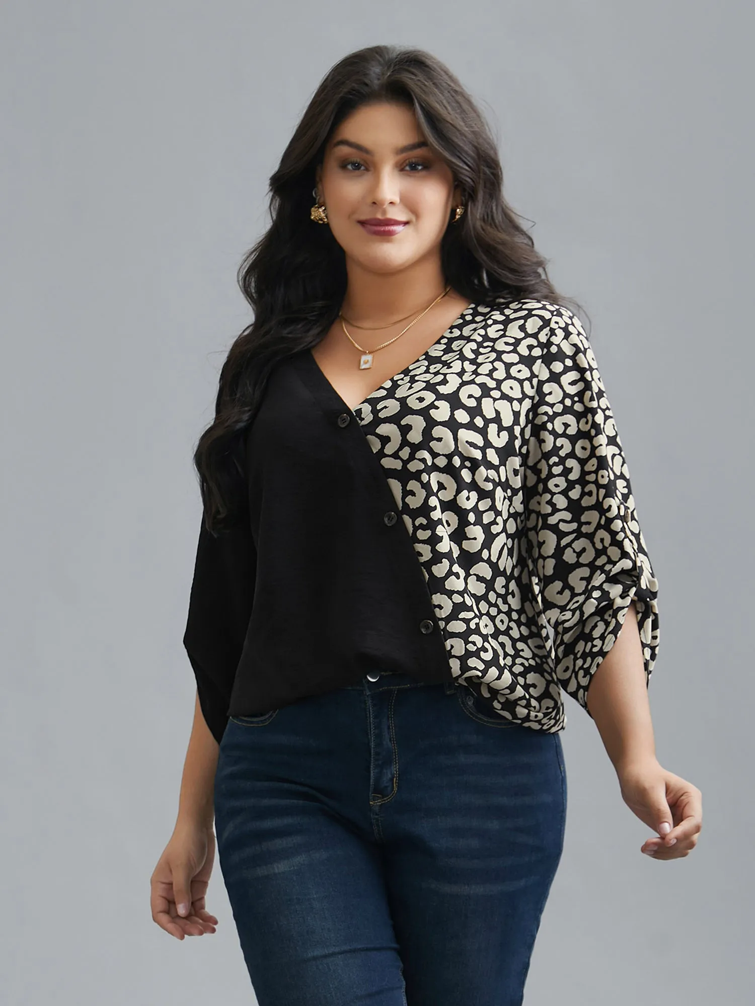 Leopard Print Spliced Tab Sleeve Blouse sold by Bloomchic