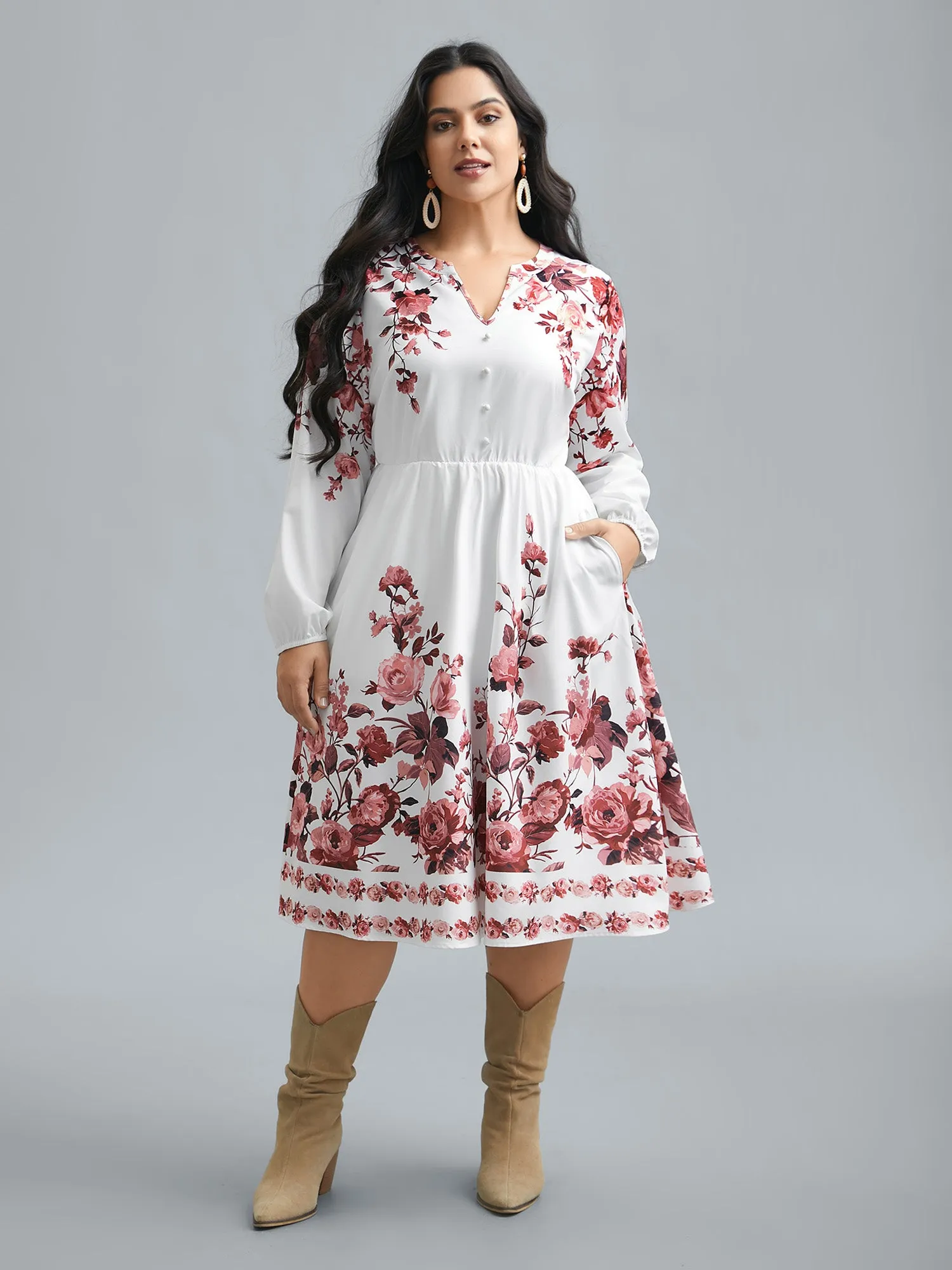 Boho Print Lantern Sleeve Button Detail Dress sold by Bloomchic product image thumbnail 4