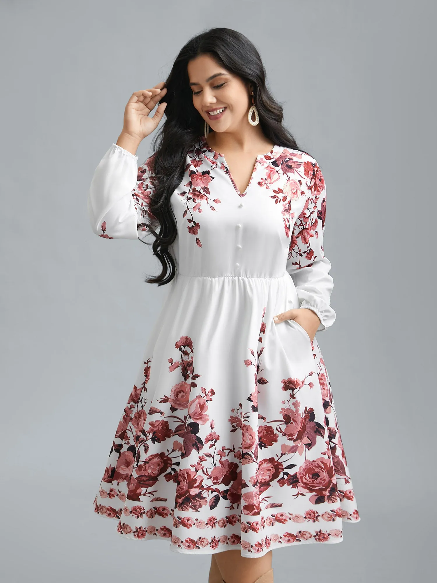 Boho Print Lantern Sleeve Button Detail Dress sold by Bloomchic